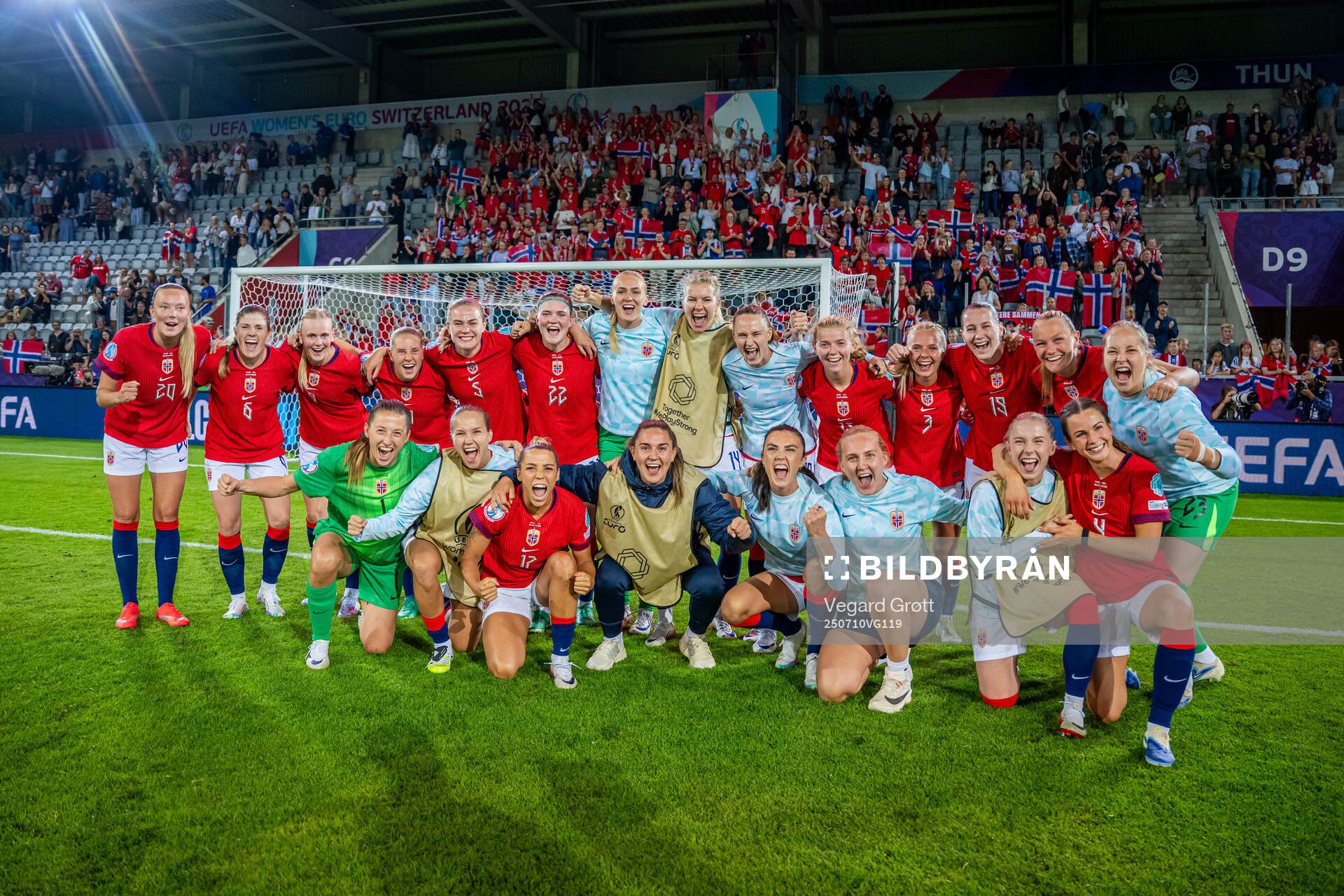 Players and fans of Norway celebrate
