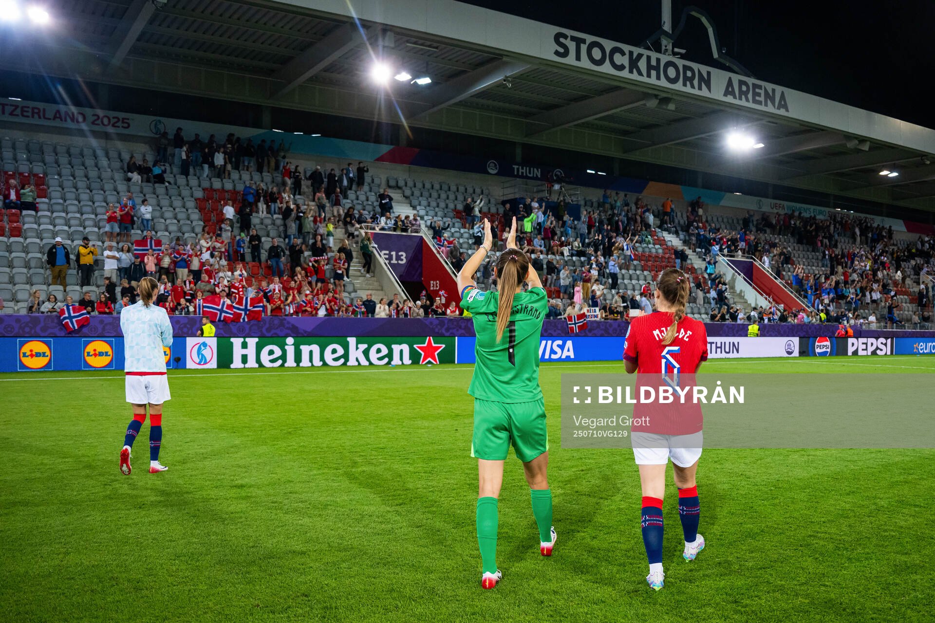 Goalkeeper Cecilie Fiskerstrand and Maren Mjelde of Norway