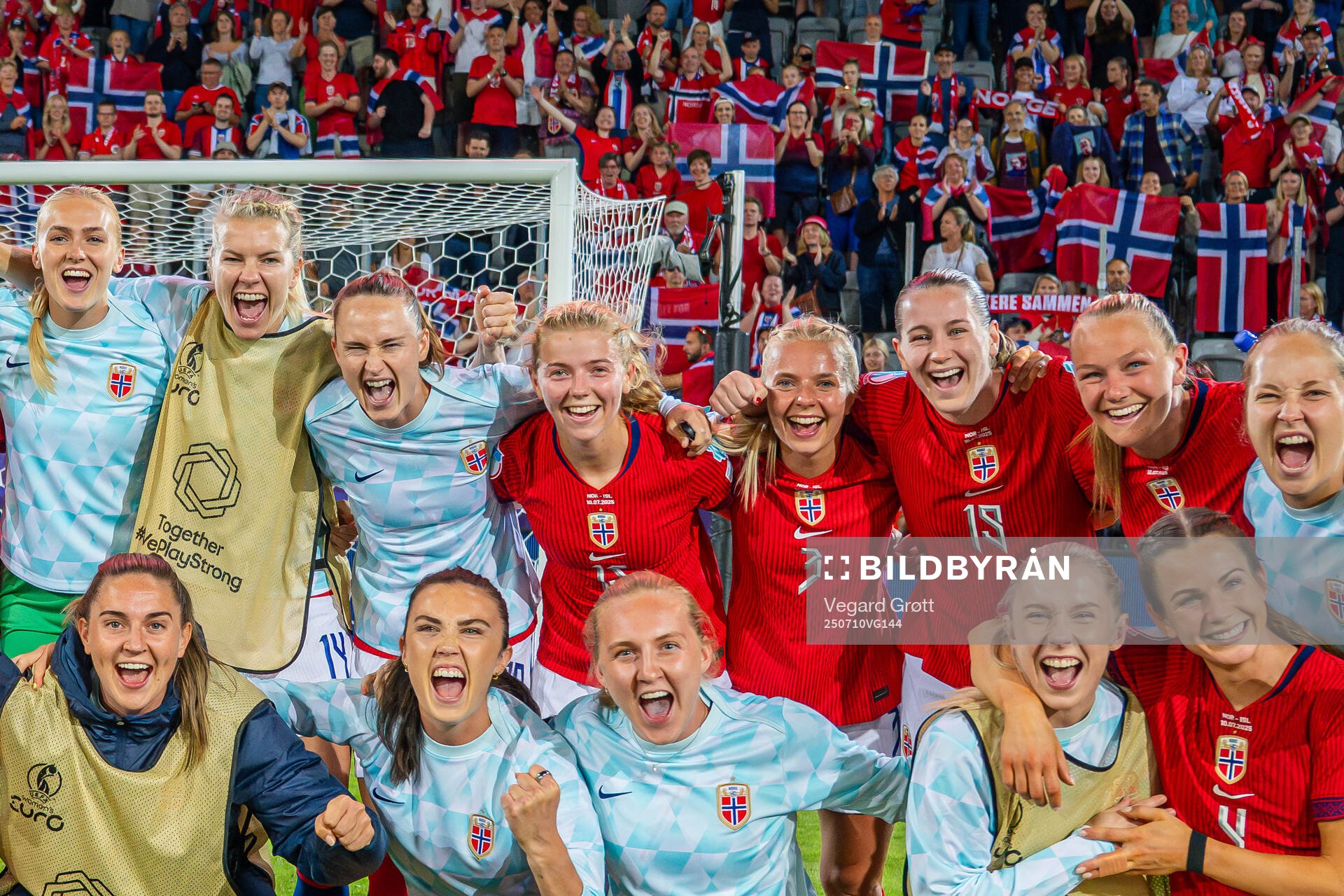Players and fans of Norway celebrate