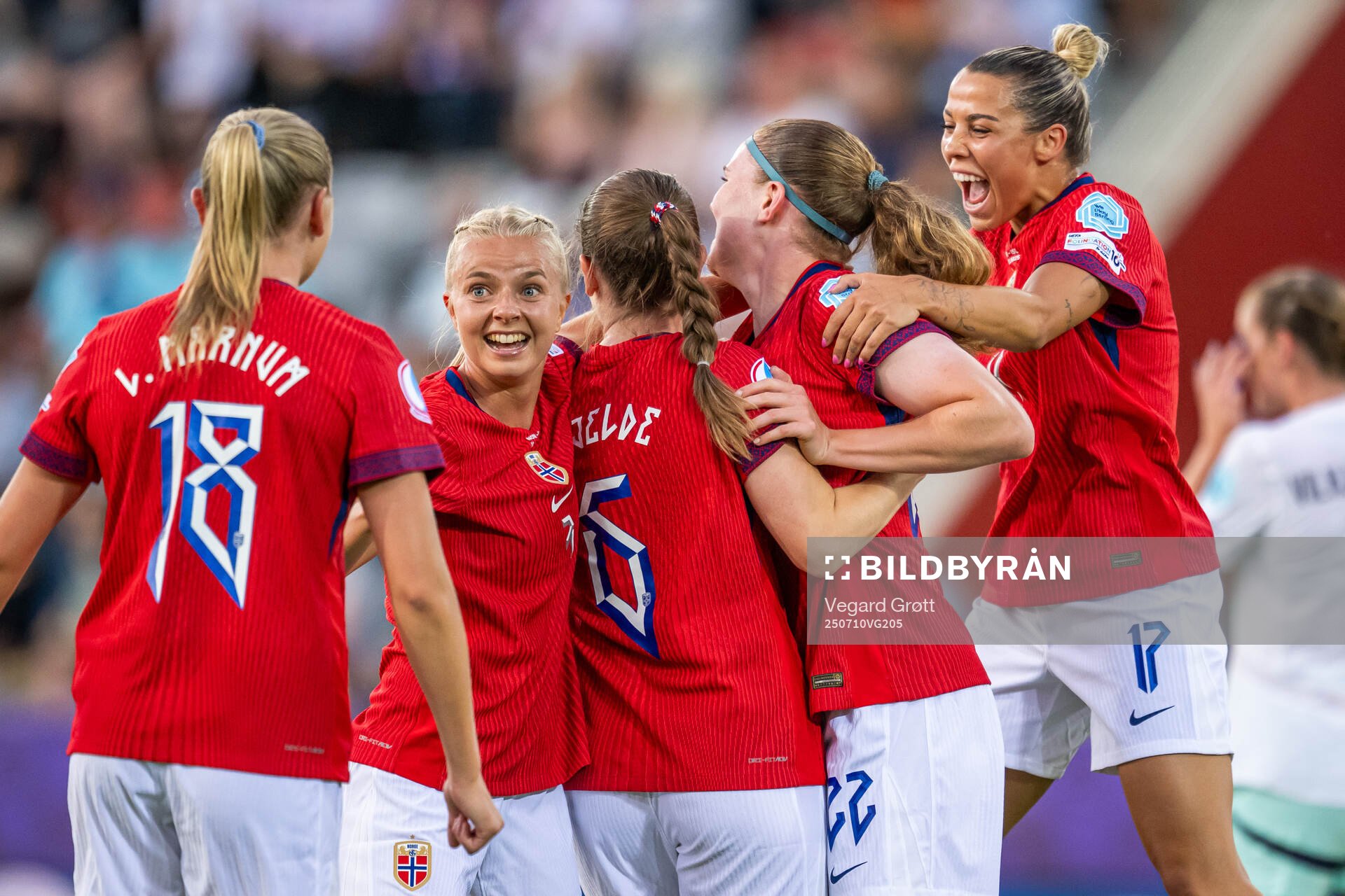 Signe Gaupset of Norway celebrates with teammates Emilie