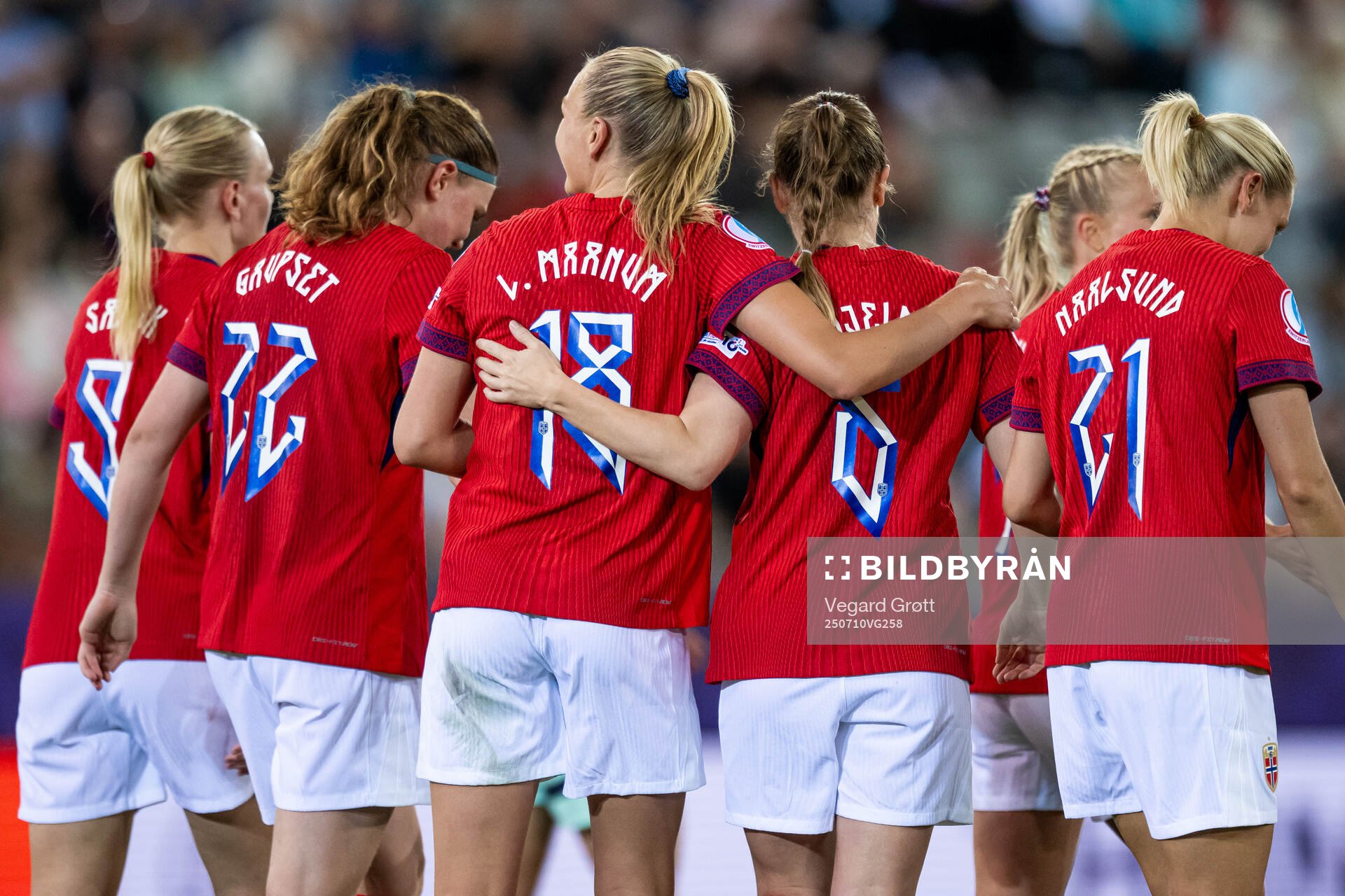 Frida Maanum of Norway celebrates with Maren Mjelde and