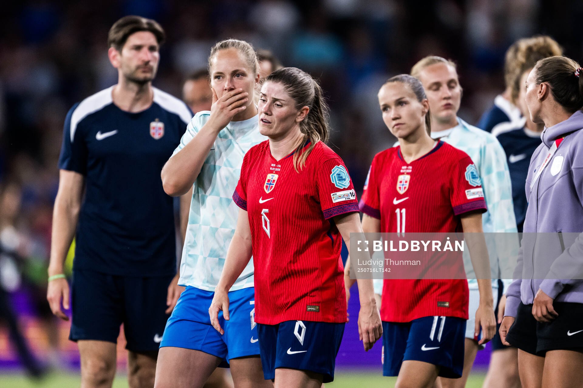 Maren Mjelde and Guro Reiten of Norway looks dejected