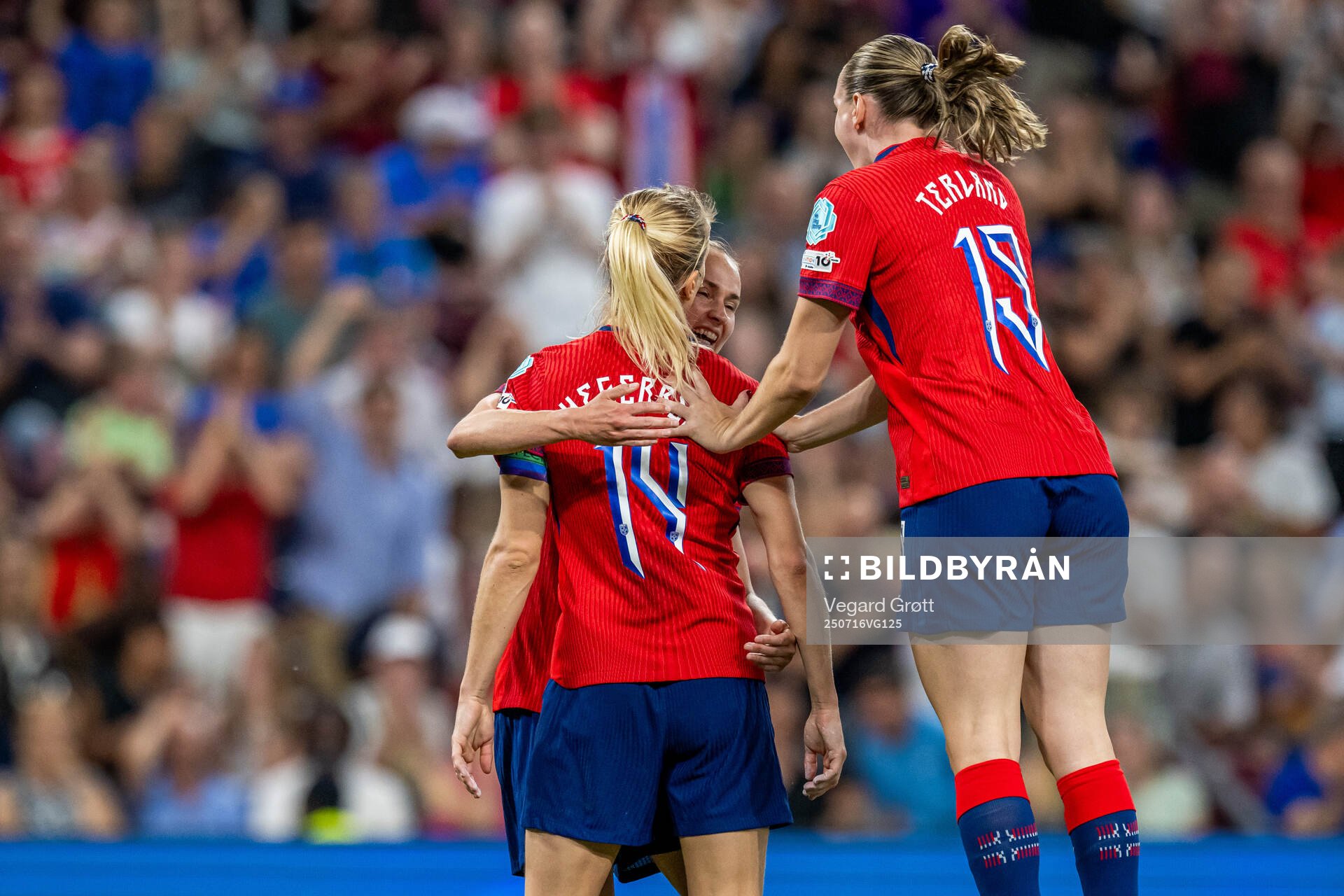 Ada Hegerberg of Norway celebrates with teammates Caroline
