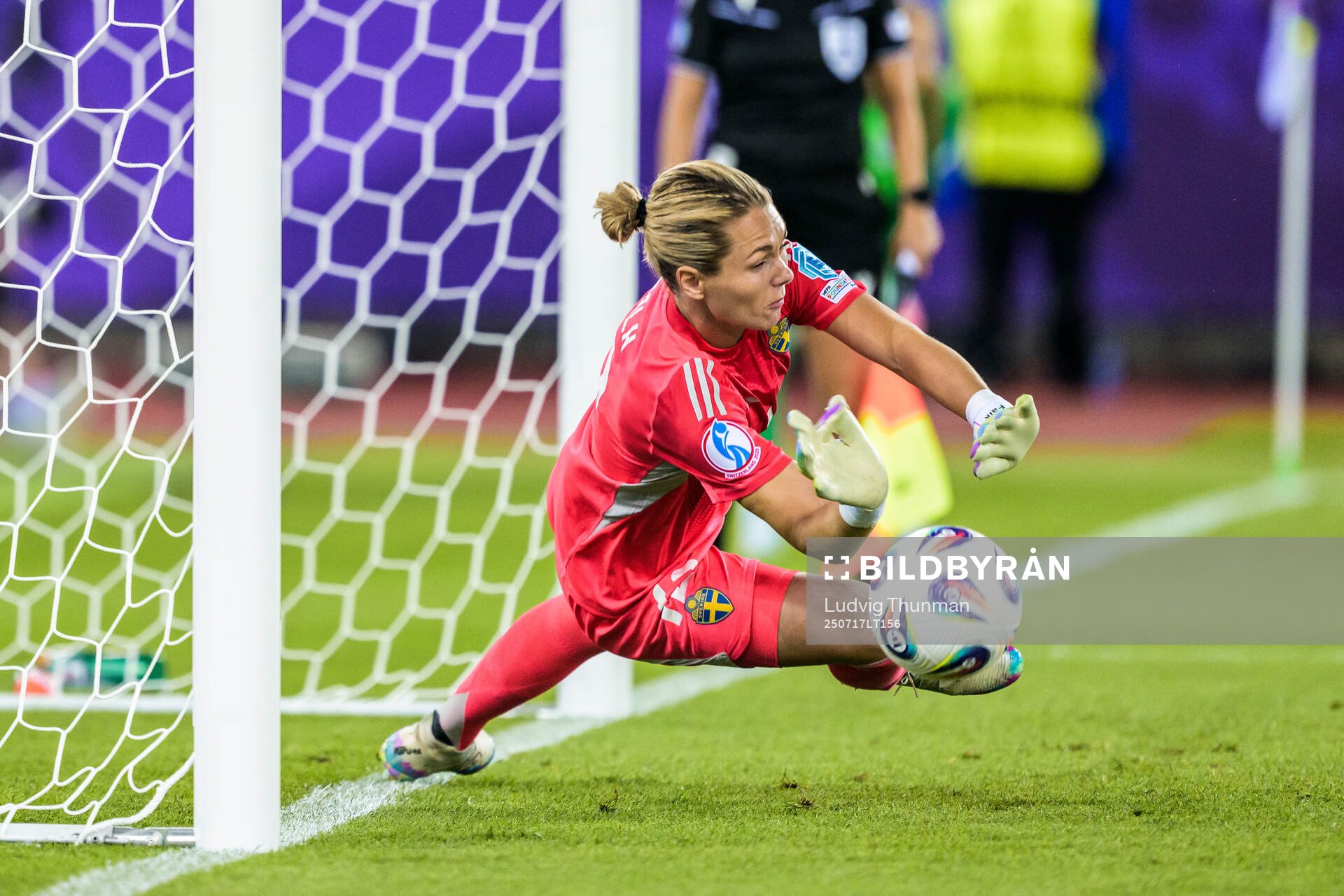 Goalkeeper Jennifer Falk of Sweden with a save