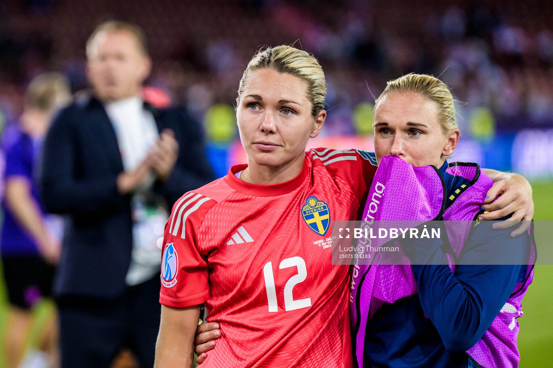 Goalkeeper Jennifer Falk and Jonna Andersson of Sweden look
