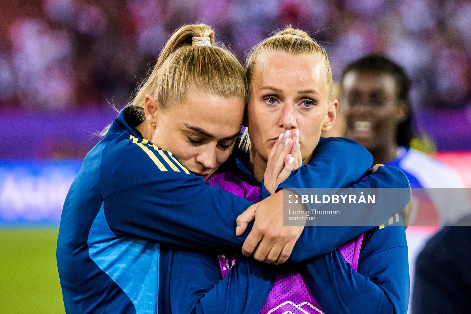 Fridolina Rolfö and Stina Blackstenius of Sweden look