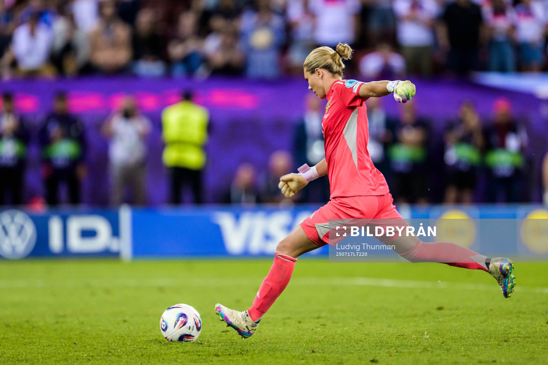 Goalkeeper Jennifer Falk of Sweden with a penalty kick