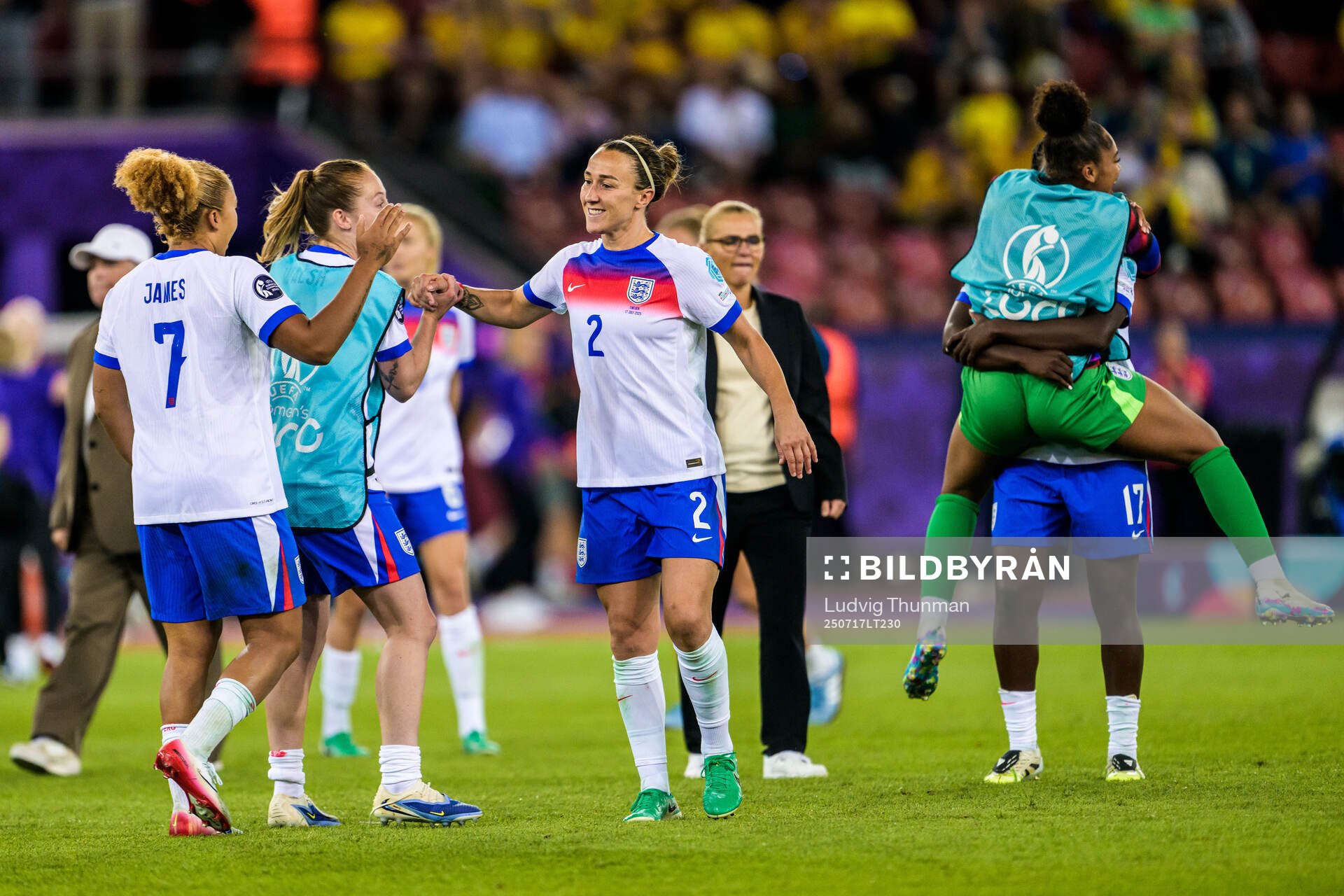 Lauren James and Lucy Bronze of England celebrate