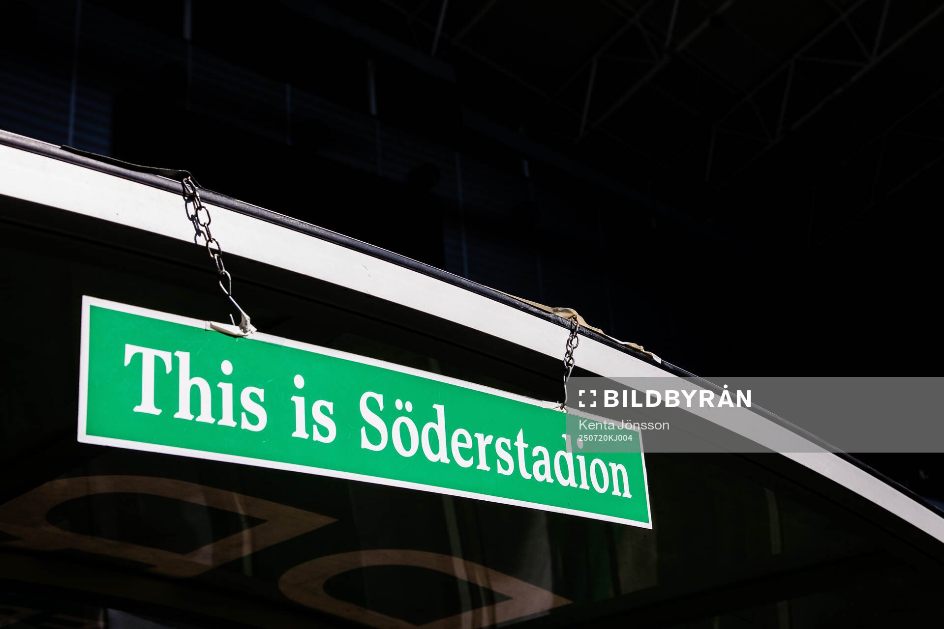 En skylt med texten This is Söderstadion hänger ovanför