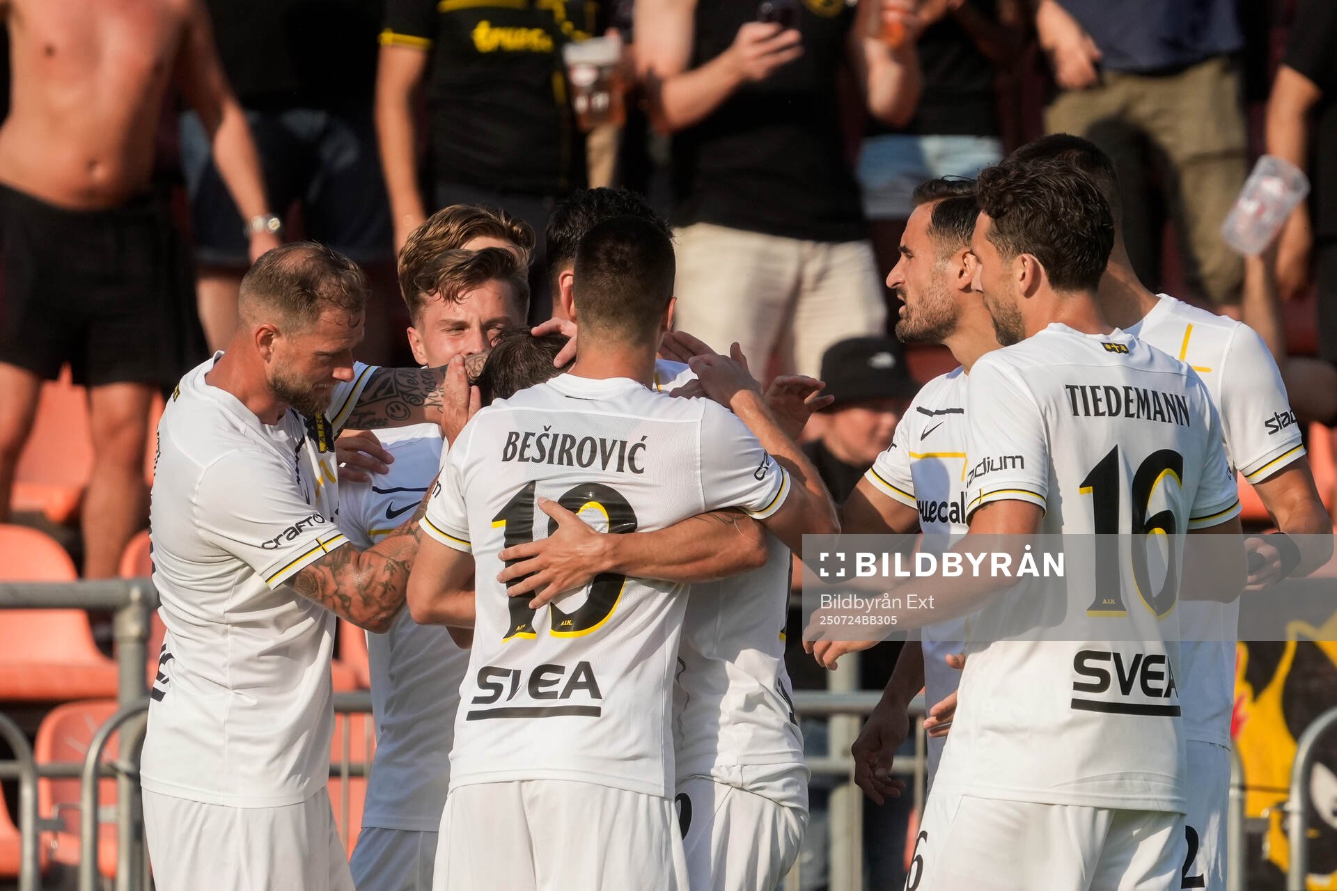 Players of AIK celebrate with Bersant Celina