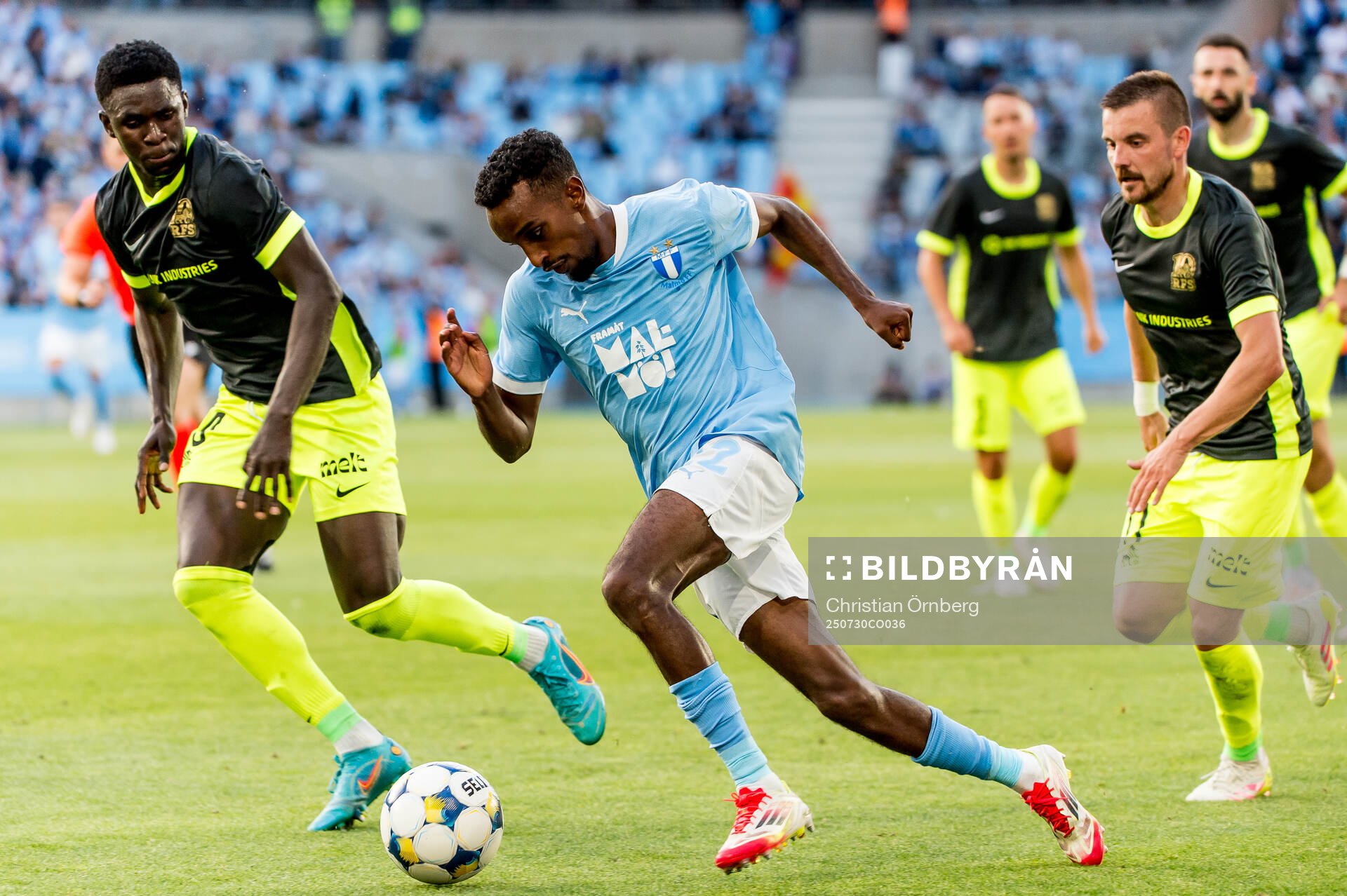 Rasid Njie and Roberts Savalnieks of FK RFS and Taha Ali of