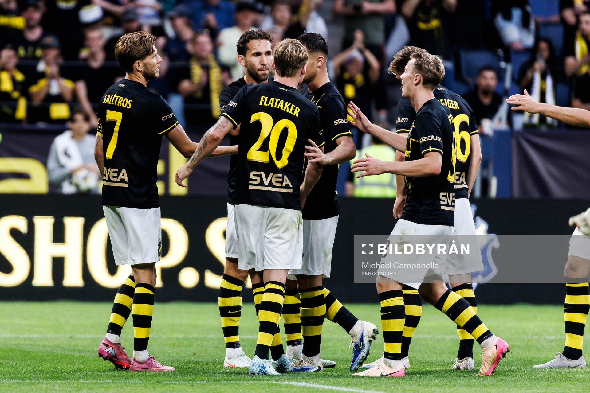 Anton Salétros of AIK celebrate with team mates