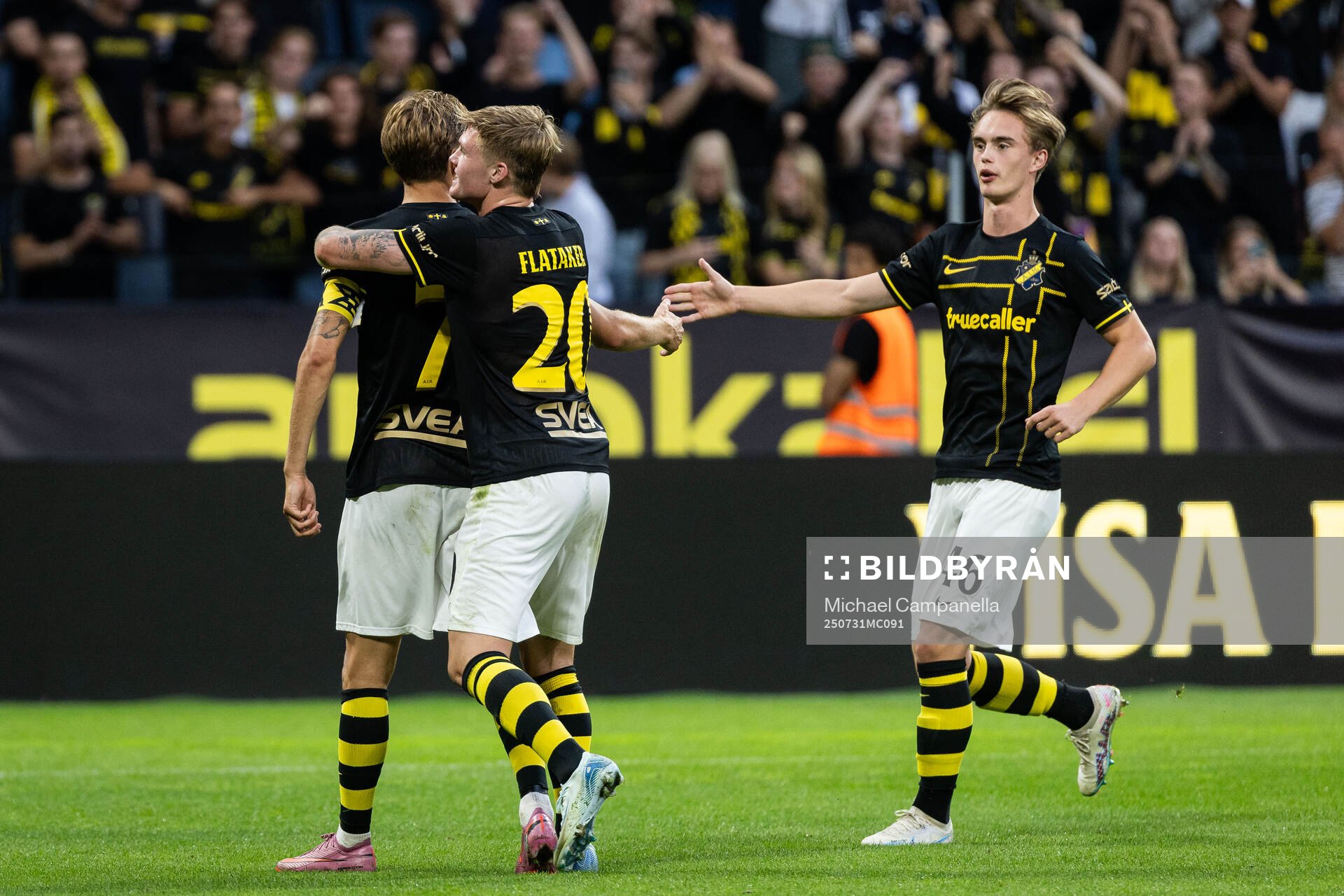 Anton Salétros of AIK celebrates with teammates