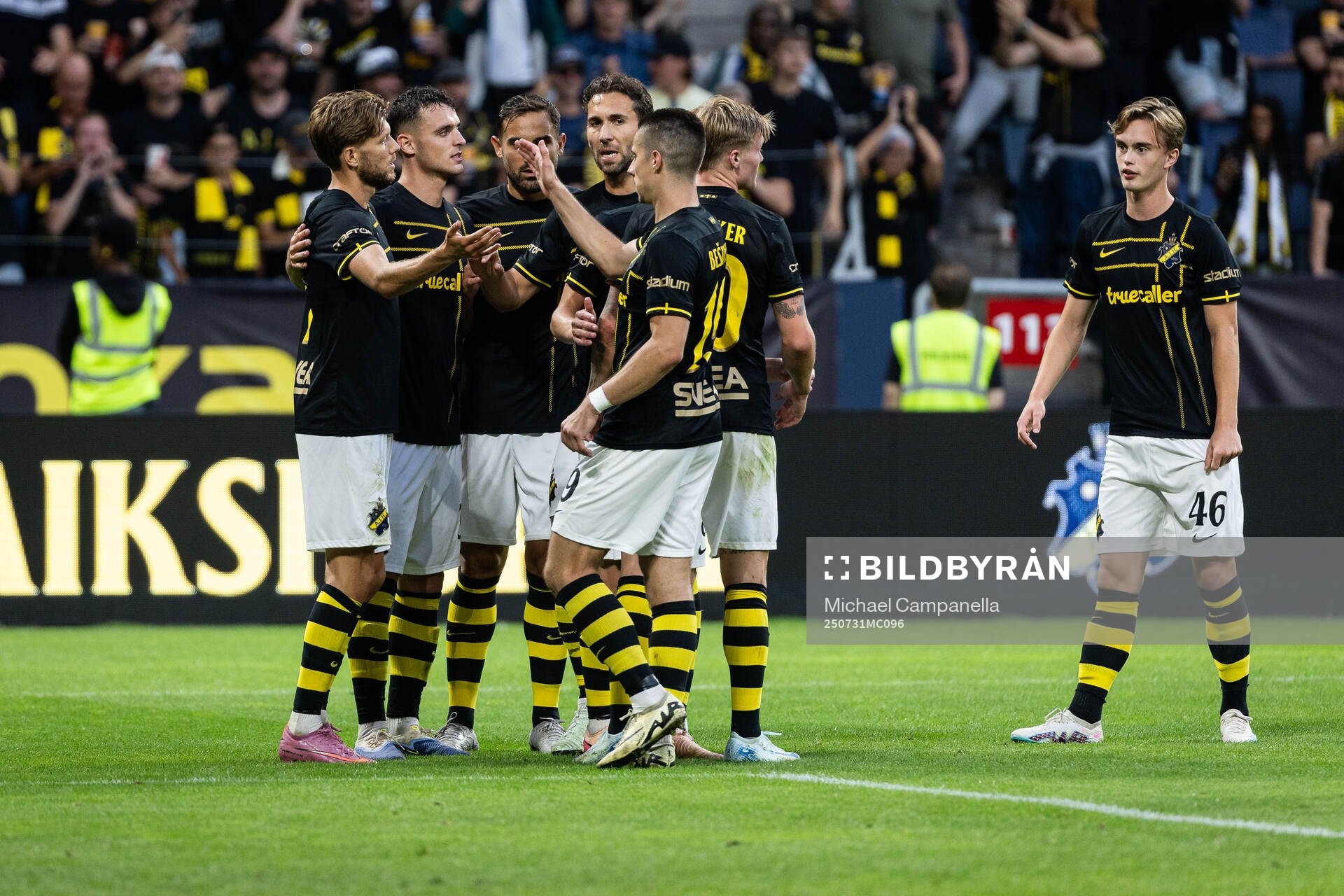 Anton Salétros of AIK celebrates with teammates