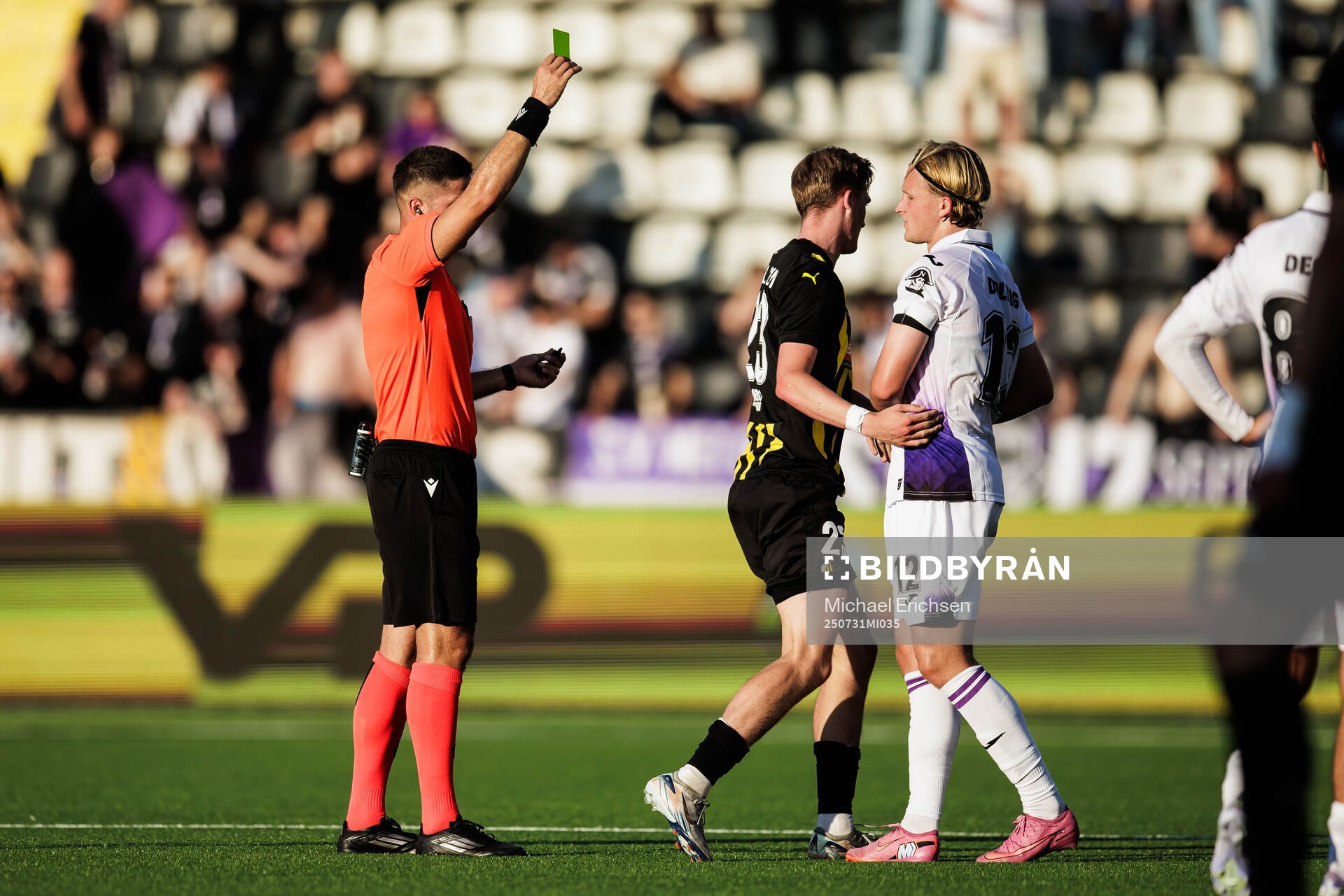 Kasper Dolberg of Anderlecht recieves a yellow card