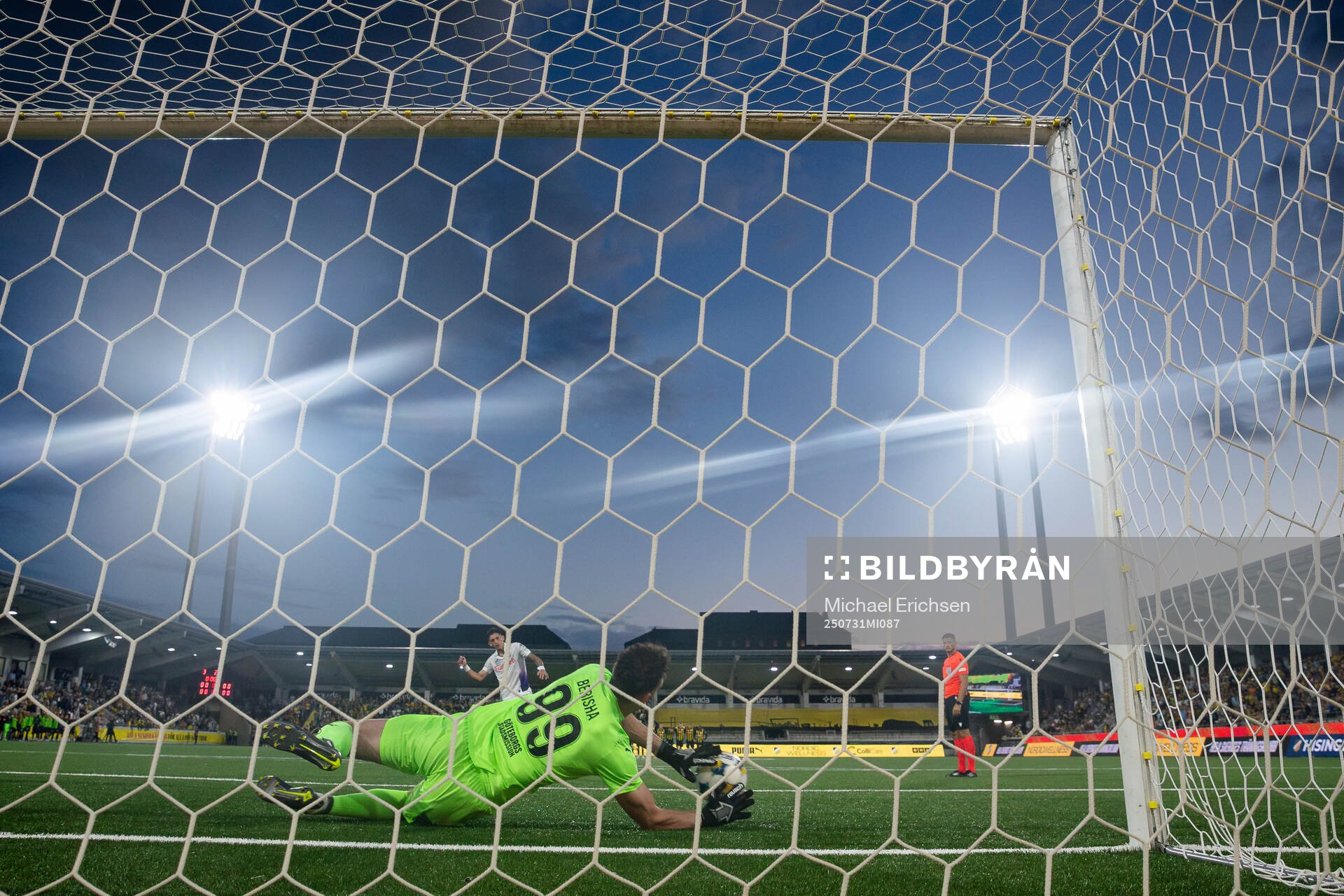 Goalkeeper Etrit Berisha of Häcken saves a penalty