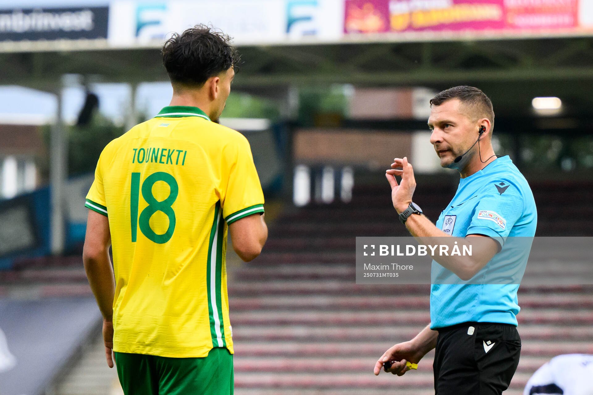 Sebastian Tounekti of Hammarby and referee Vitālijs