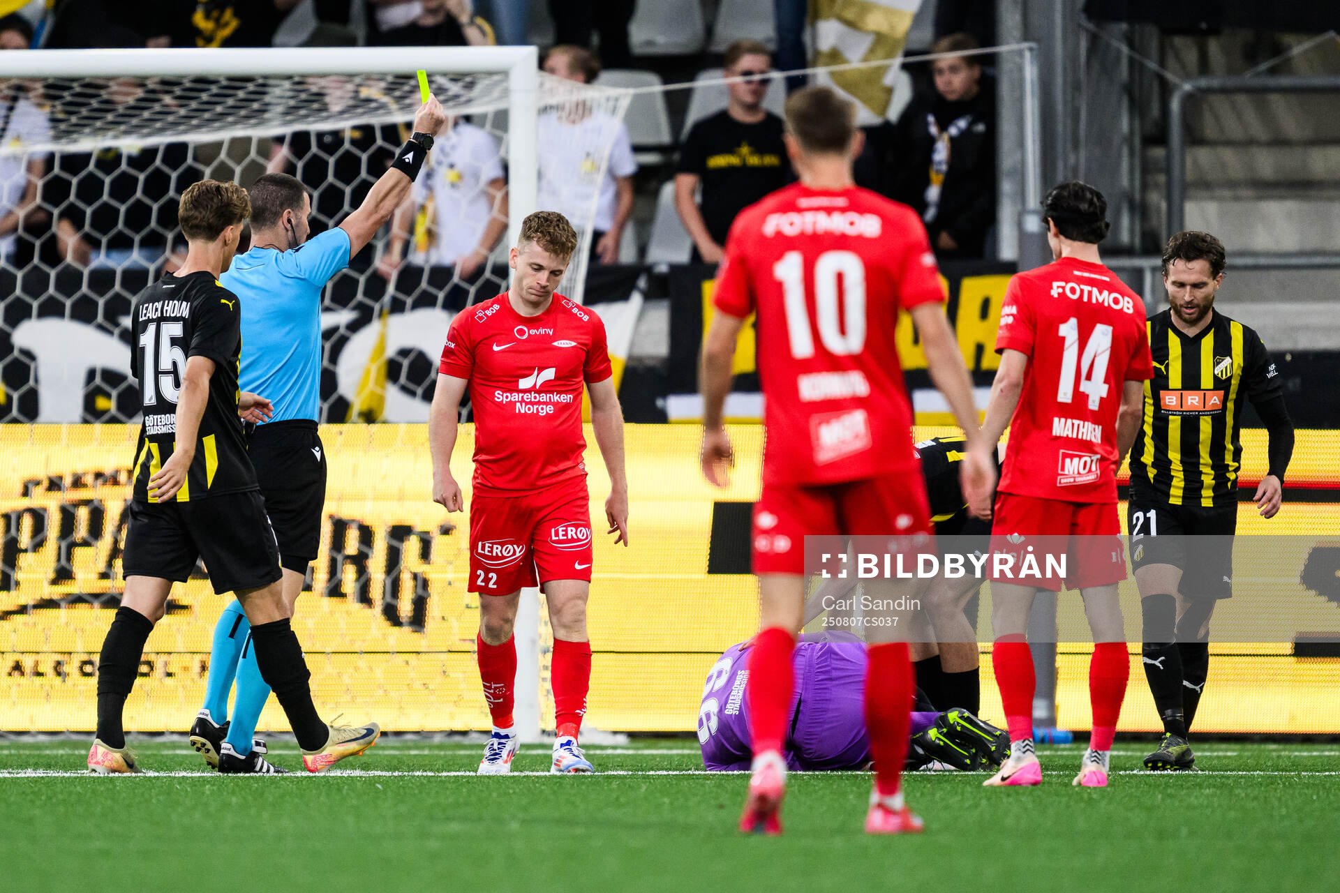 Saevar Atli Magnusson of Brann receives a yellow card