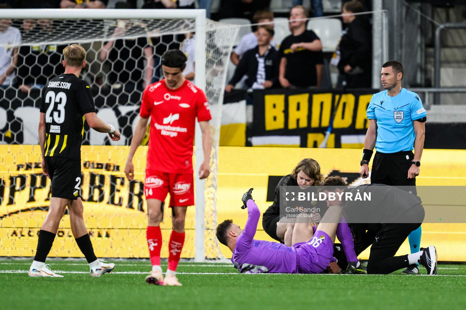 Goalkeeper Etrit Berisha of Häcken receives medical