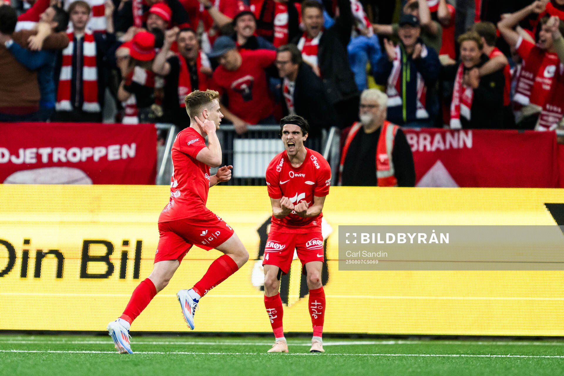 Saevar Atli Magnusson and Ulrik Mathisen of Brann celebrate