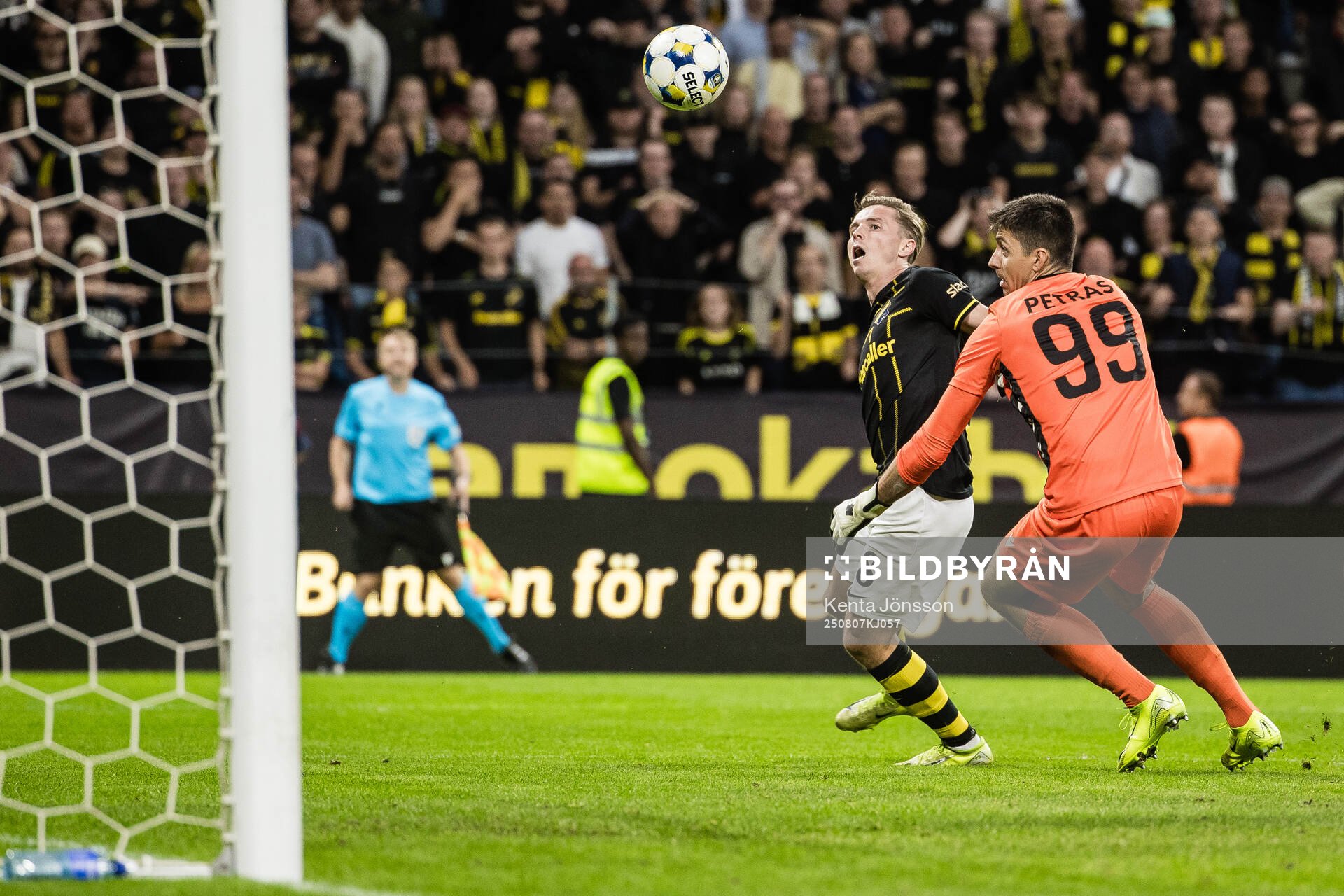 Johan Hove of AIK and goalkeeper Samuel Petras of Györi ETO