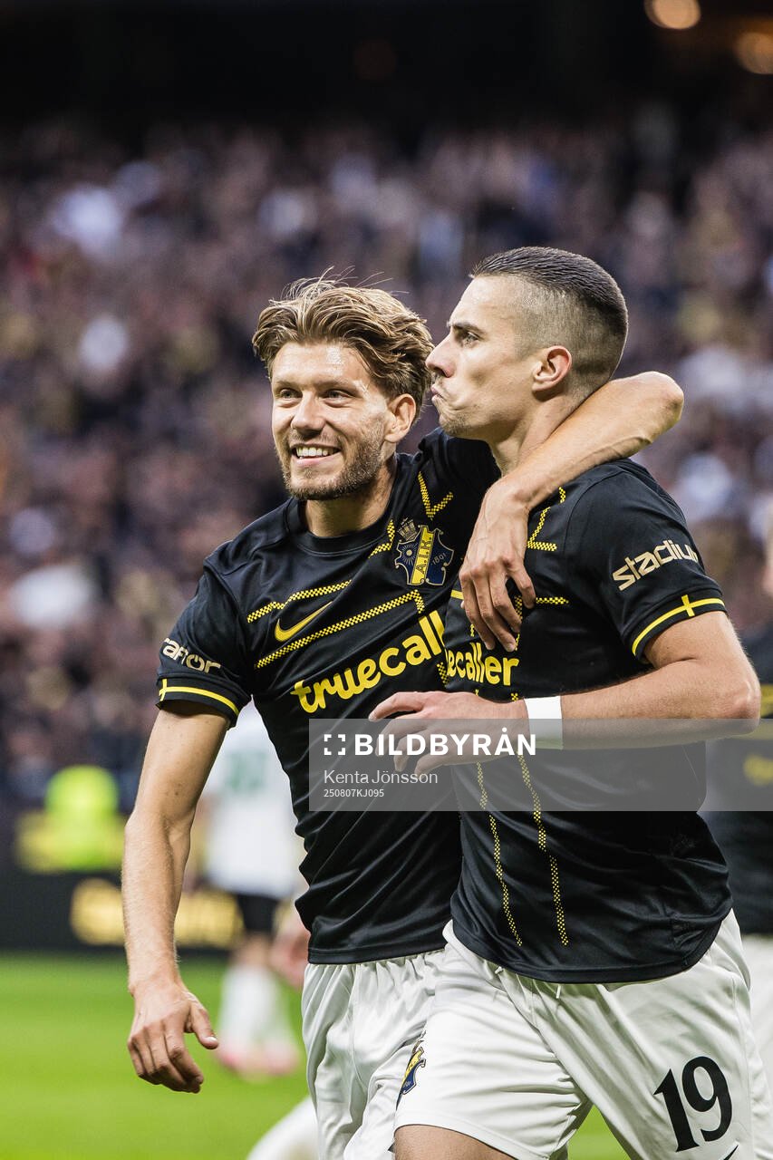 Anton Saletros and Dino Besirovic of AIK celebrates