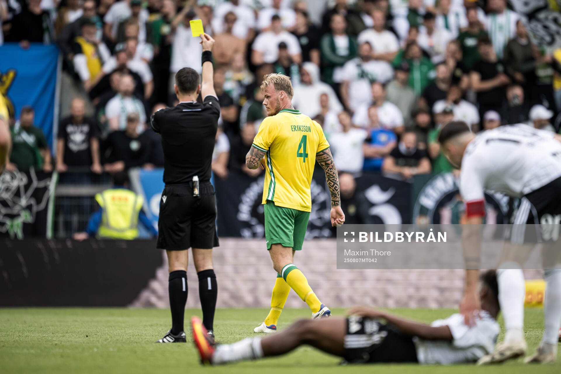 Victor Eriksson of Hammarby receives a yellow card