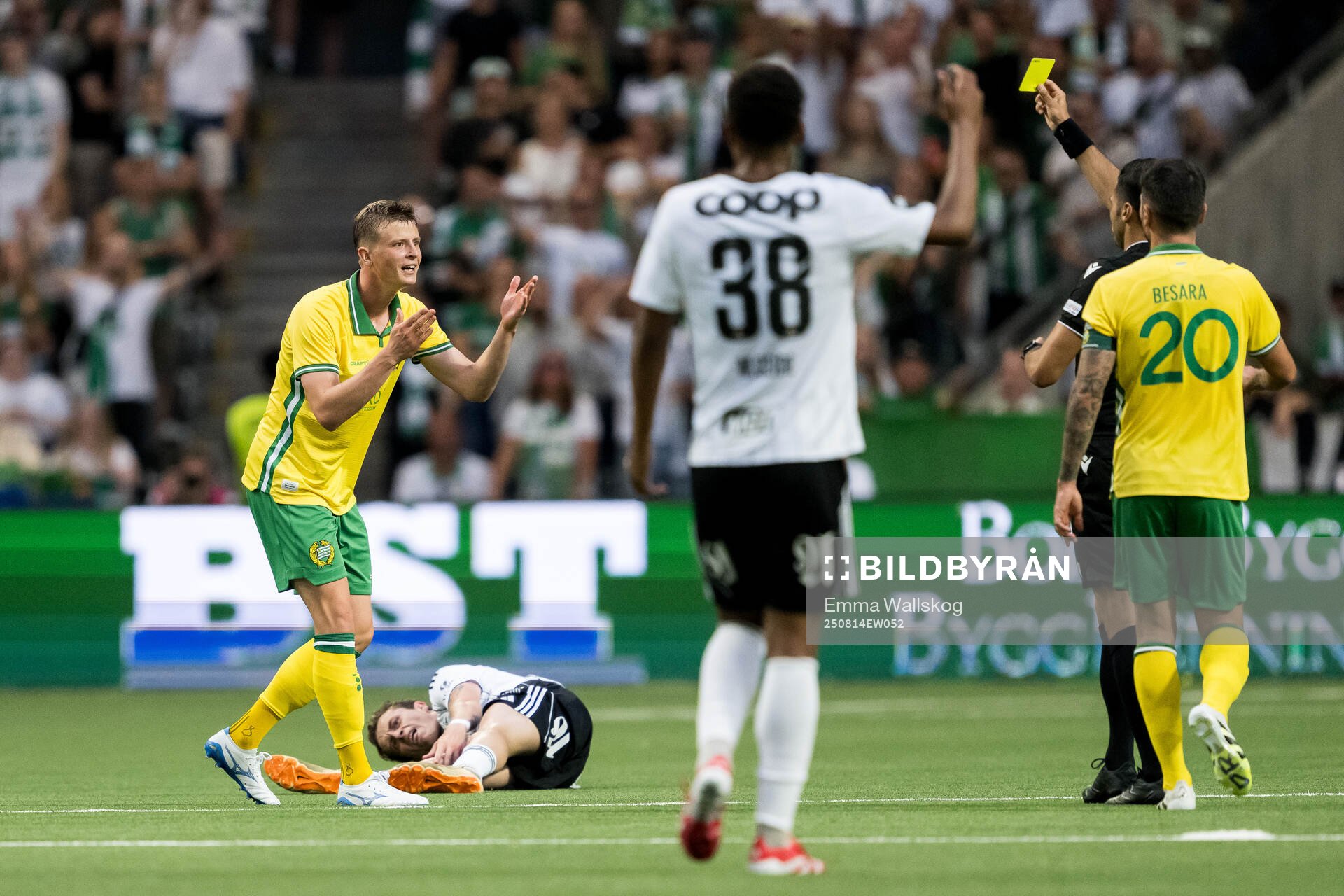 Frederik Winther of Hammarby receives a yellow card