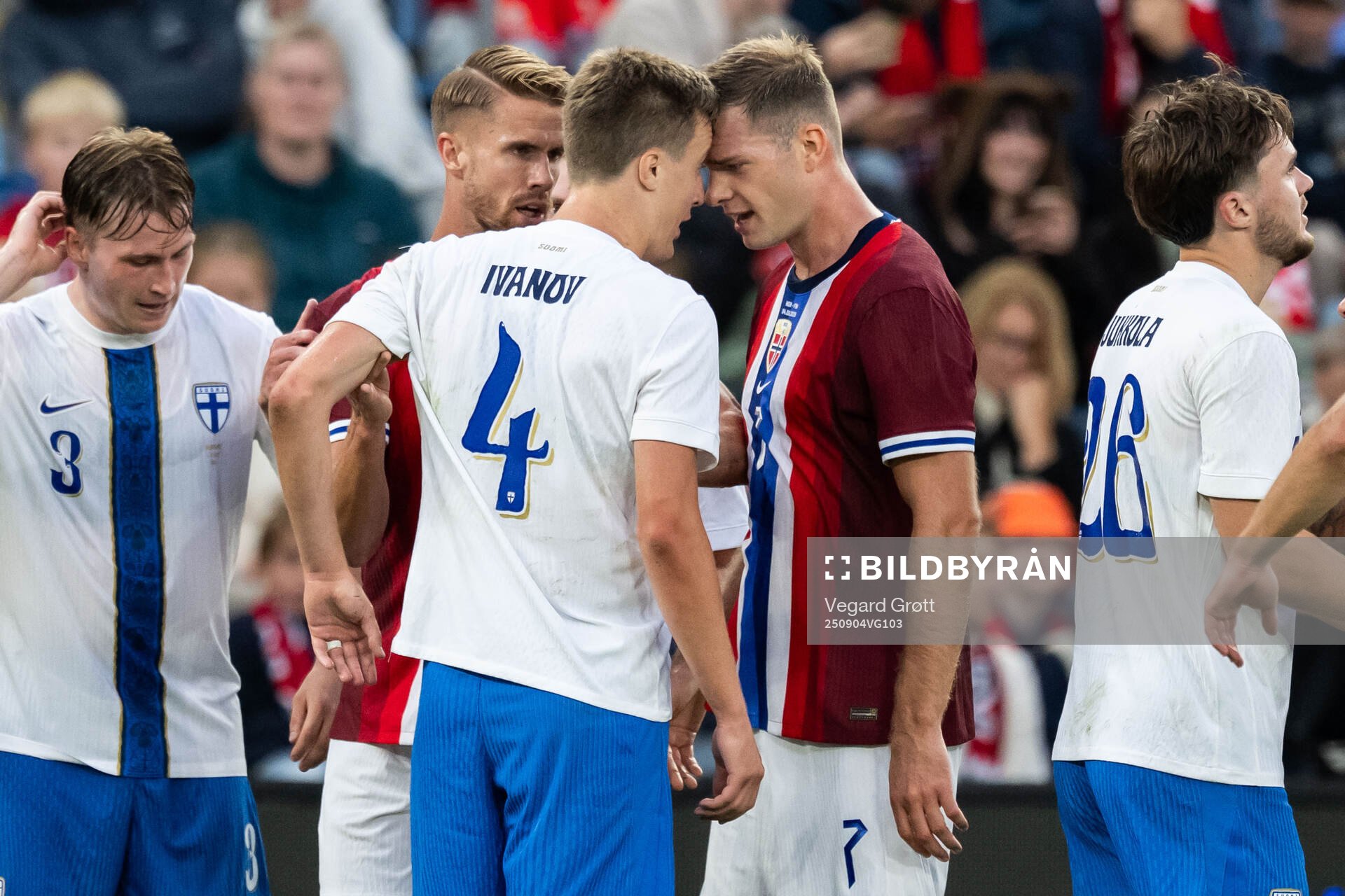 Robert Ivanov of Finland and Alexander Sørloth of Norway