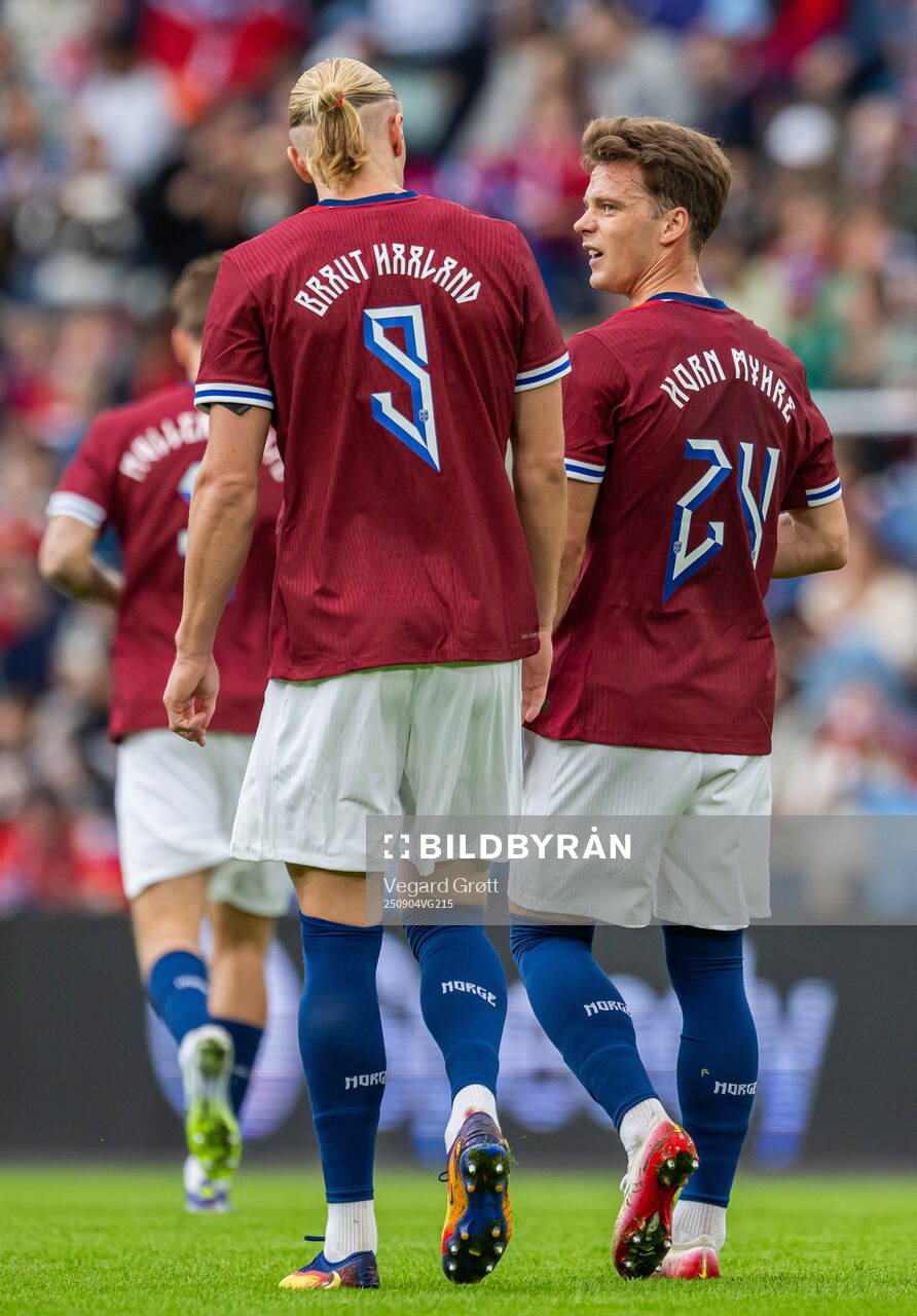 Erling Braut Haaland of Norway with teammate Felix Horn
