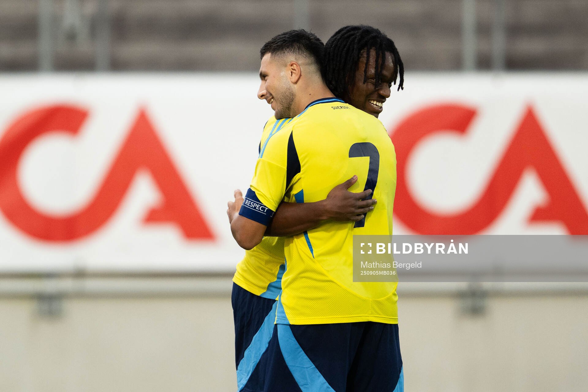 Jeremy Agbonifo of Sweden celebrates with Roony Bardghji