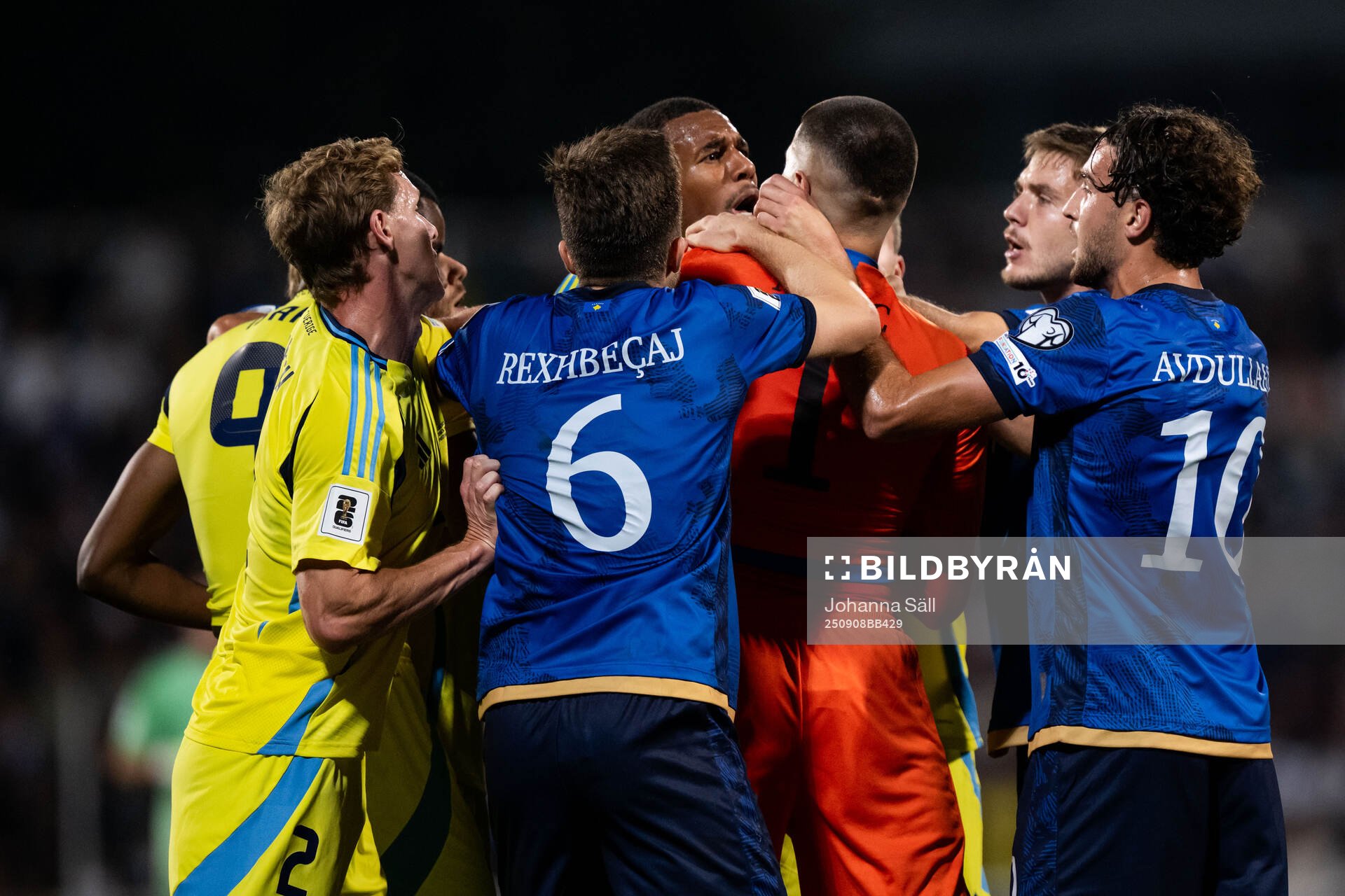 Alexander Isak, Emil Krafth and Isak Hien of Sweden against