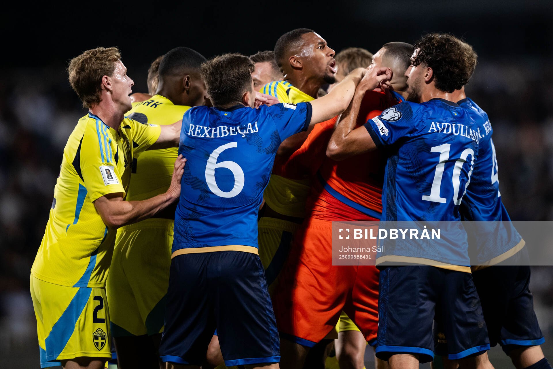 Alexander Isak, Emil Krafth and Isak Hien of Sweden against