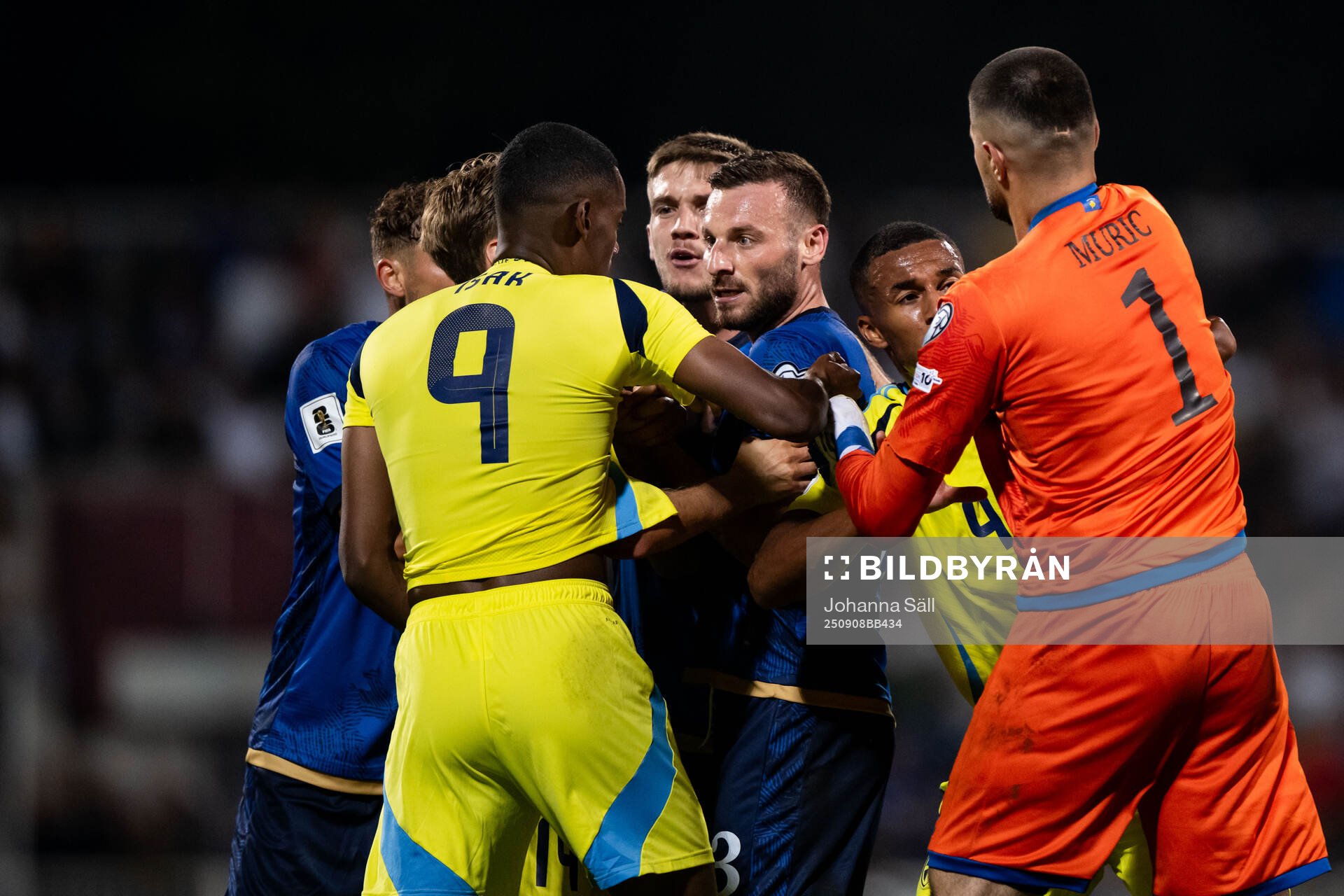 Alexander Isak and Isak Hien of Sweden against goalkeeper