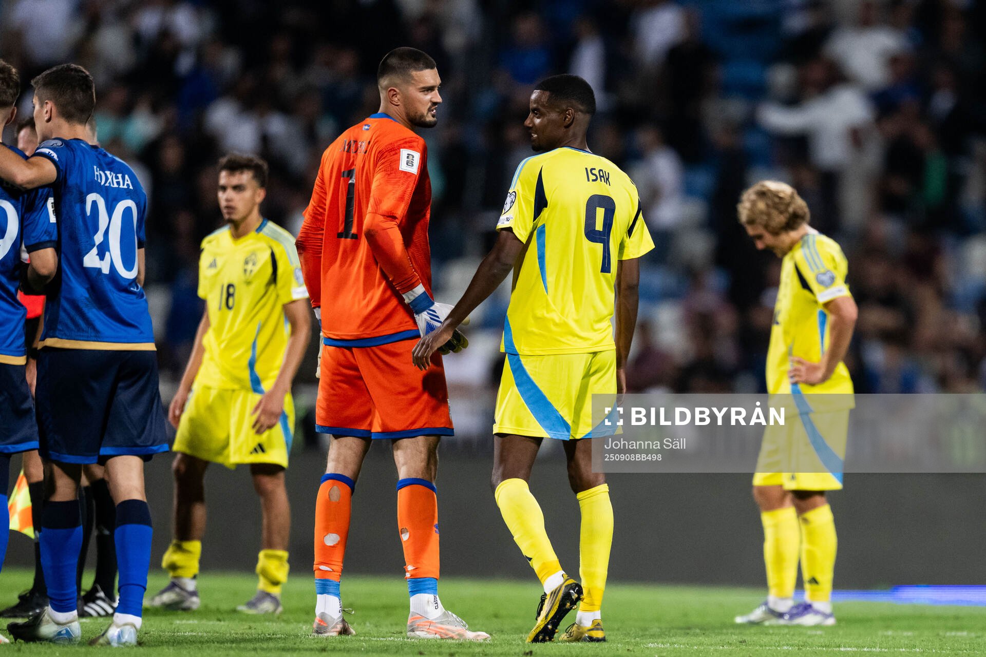 Goalkeeper Arijanet Muric of Kosovo and Alexander Isak of