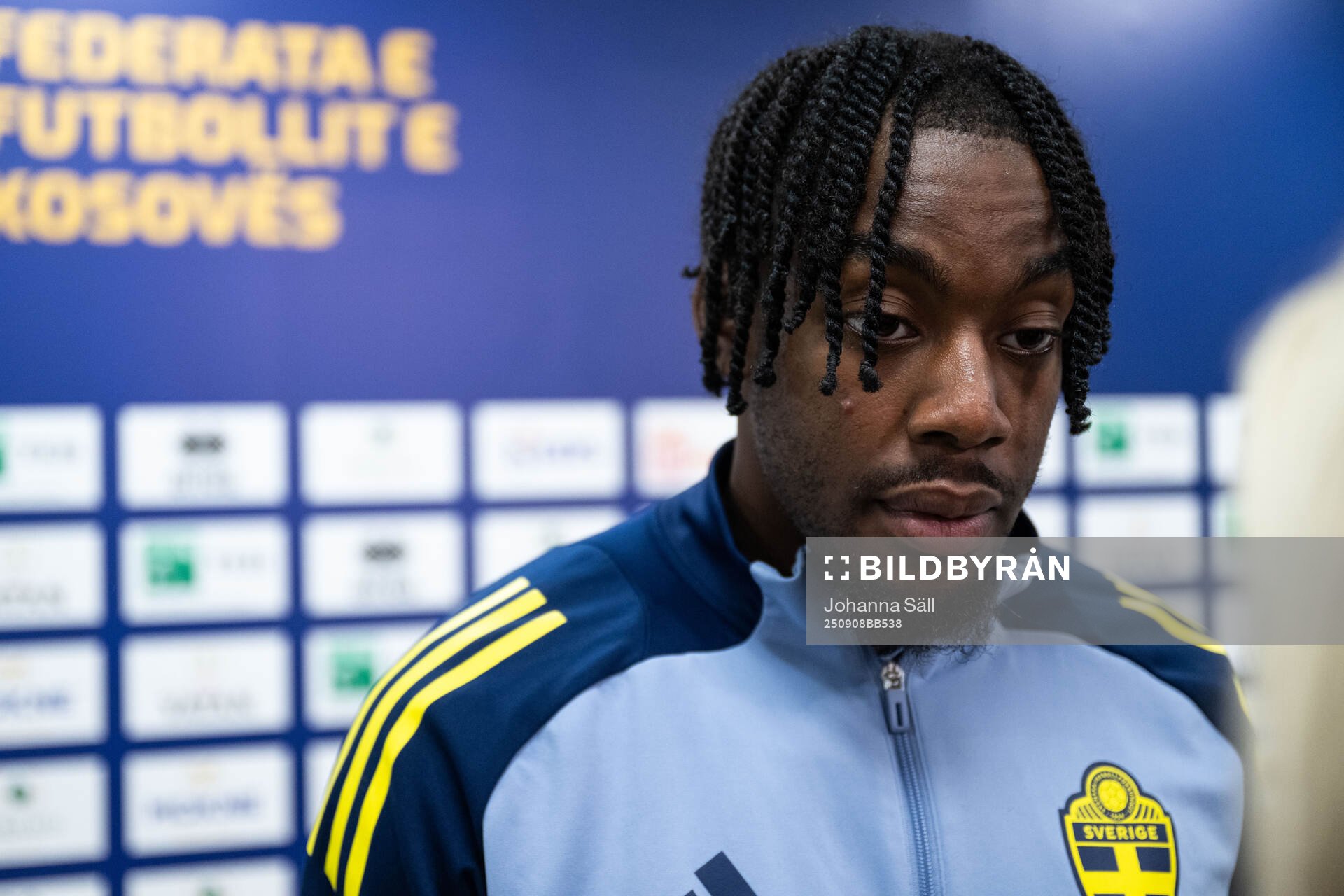 Anthony Elanga of Sweden in mixed zone