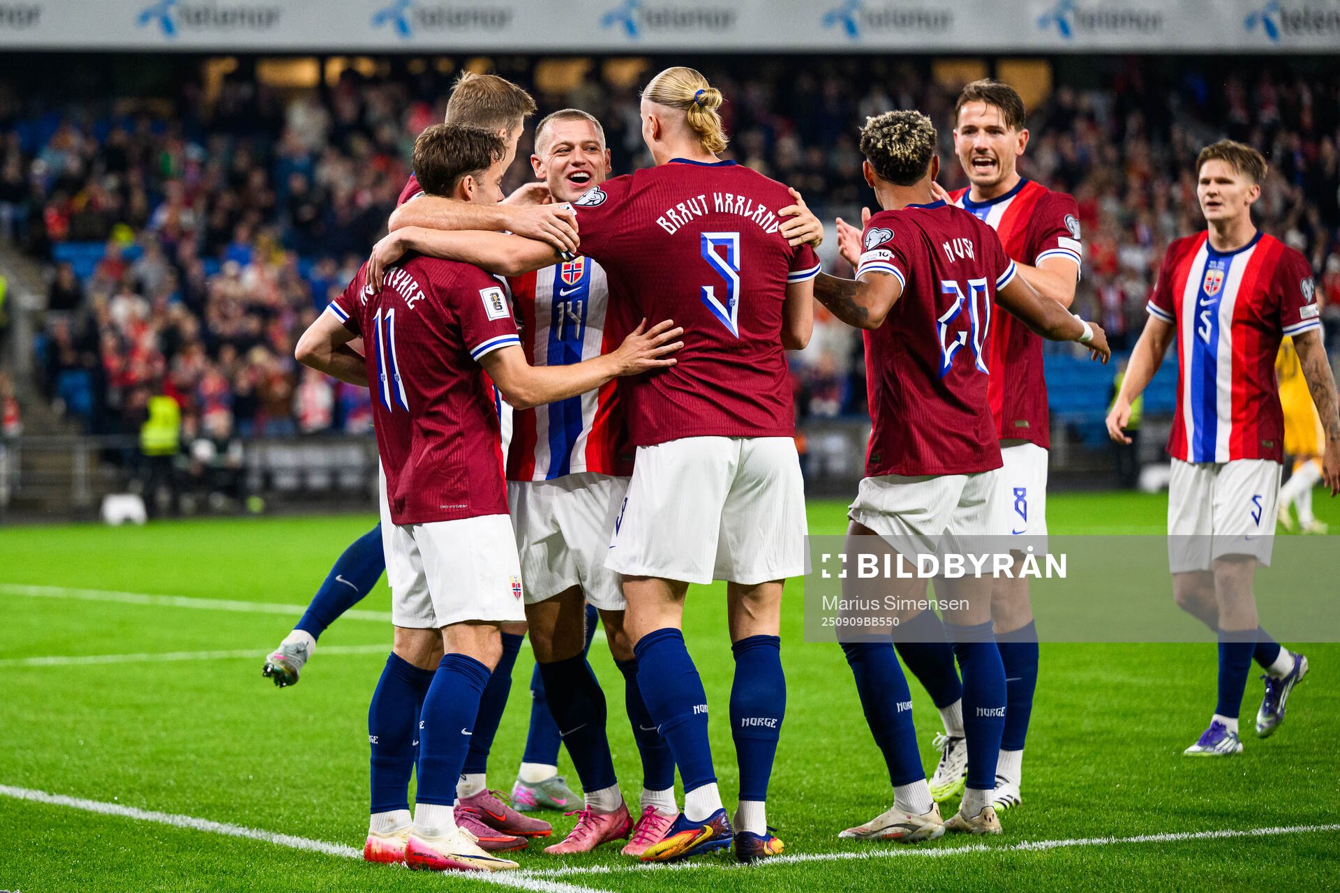 Felix Horn Myhre of Norway celebrate with teammates