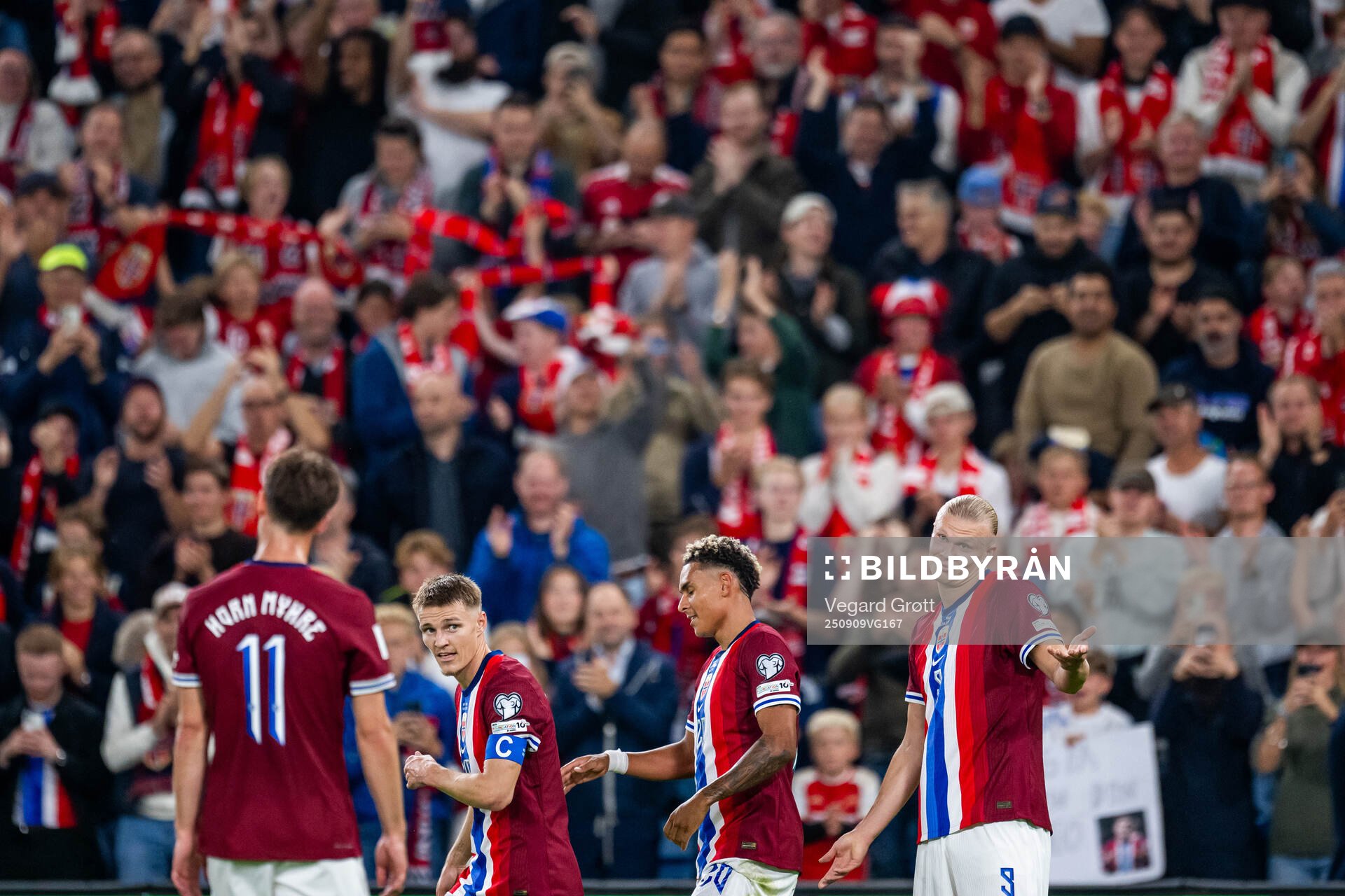 Erling Braut Haaland of Norway celebrates with teammates