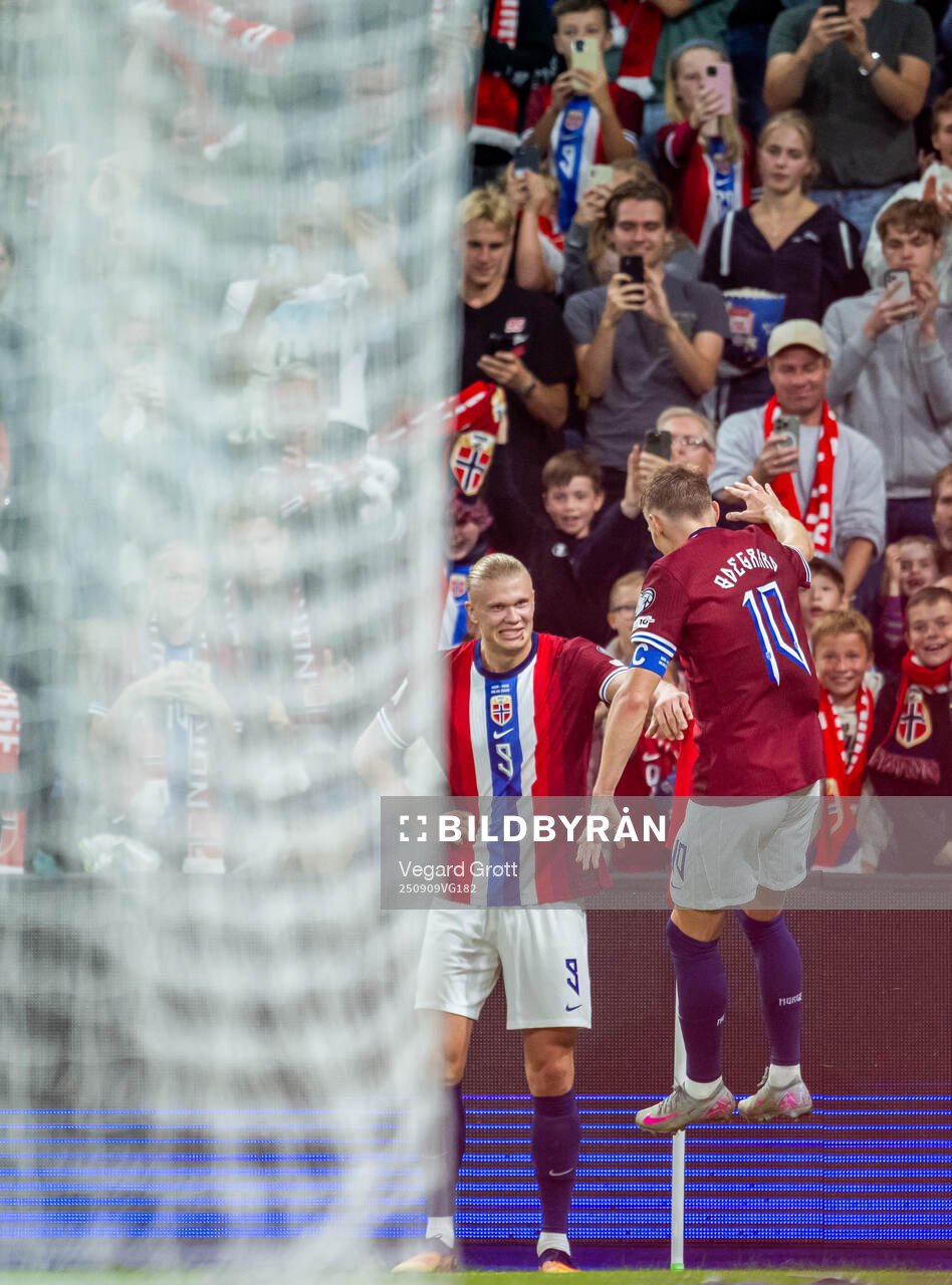 Erling Braut Haaland of Norway celebrates with teammate