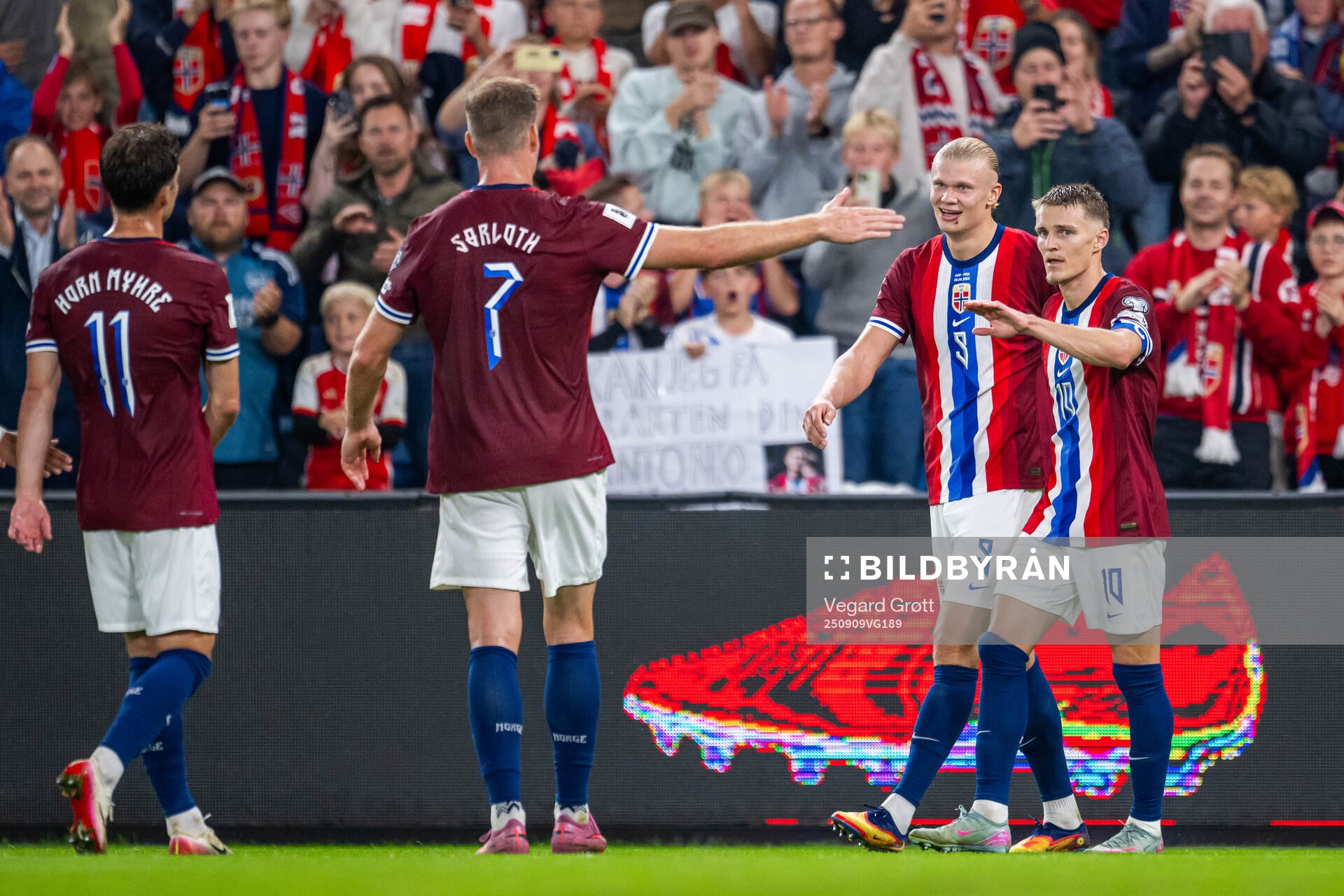Erling Braut Haaland of Norway celebrates with teammates