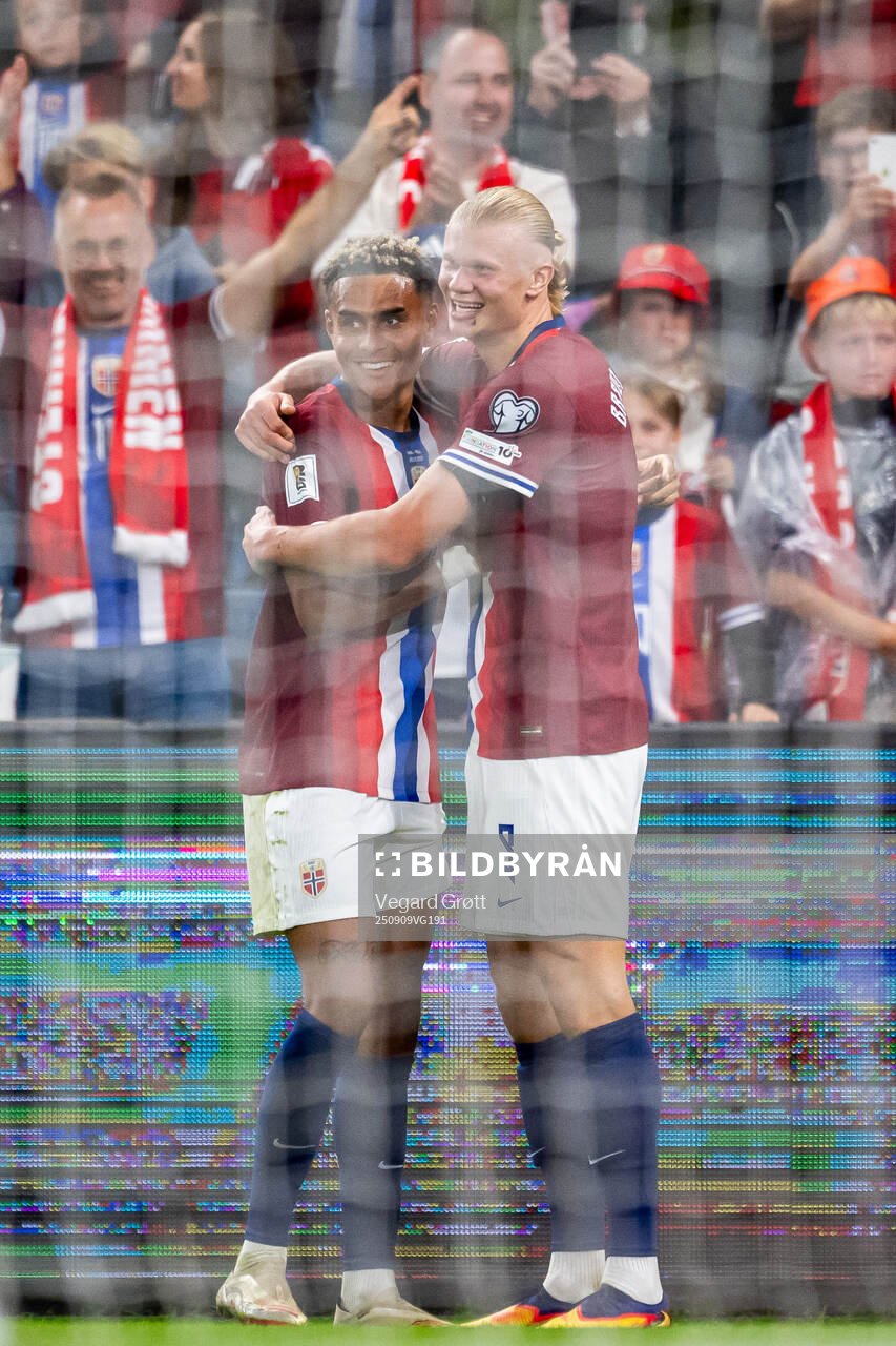 Erling Braut Haaland of Norway celebrates with teammate