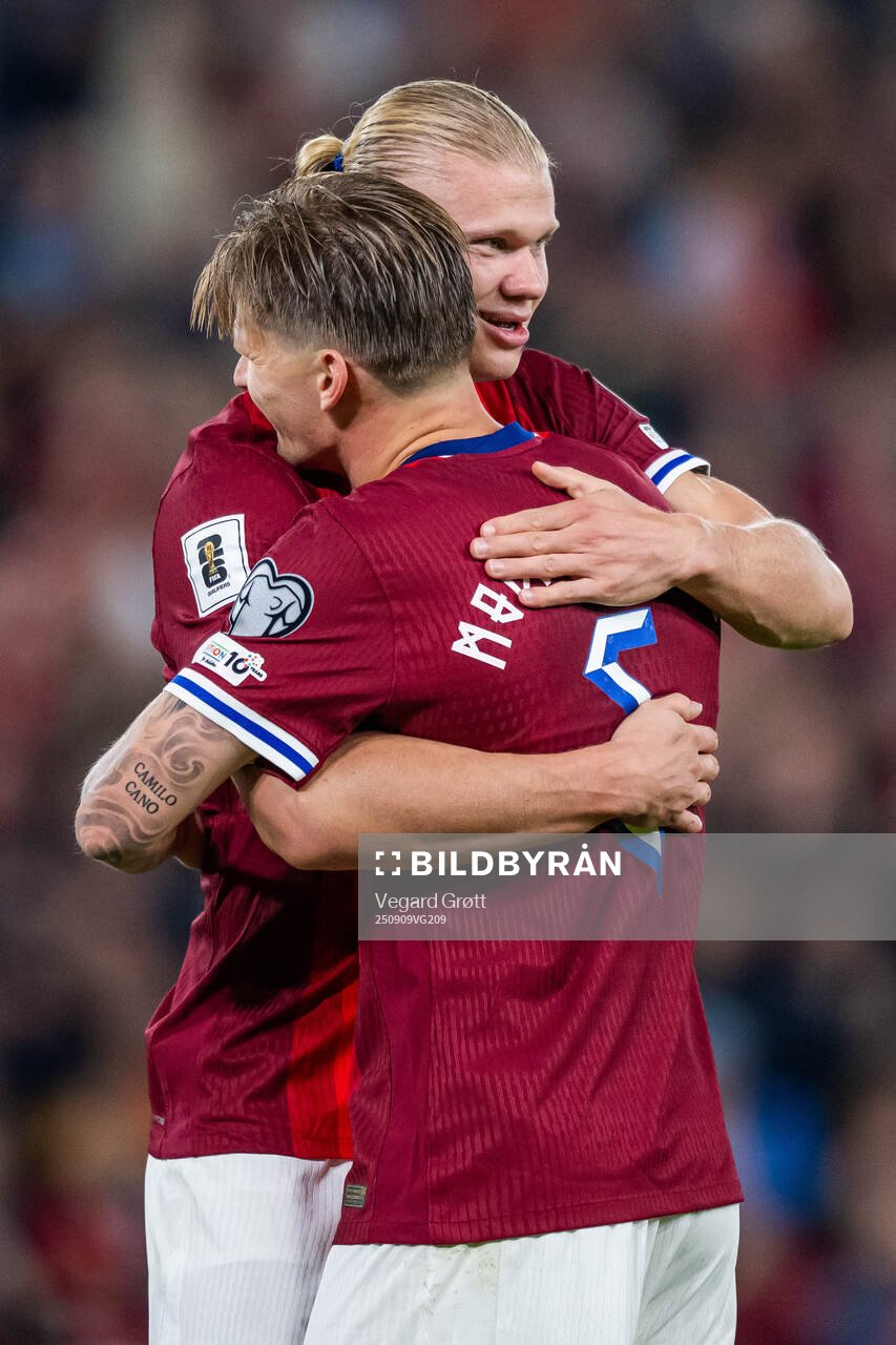 Erling Braut Haaland of Norway celebrates with teammate