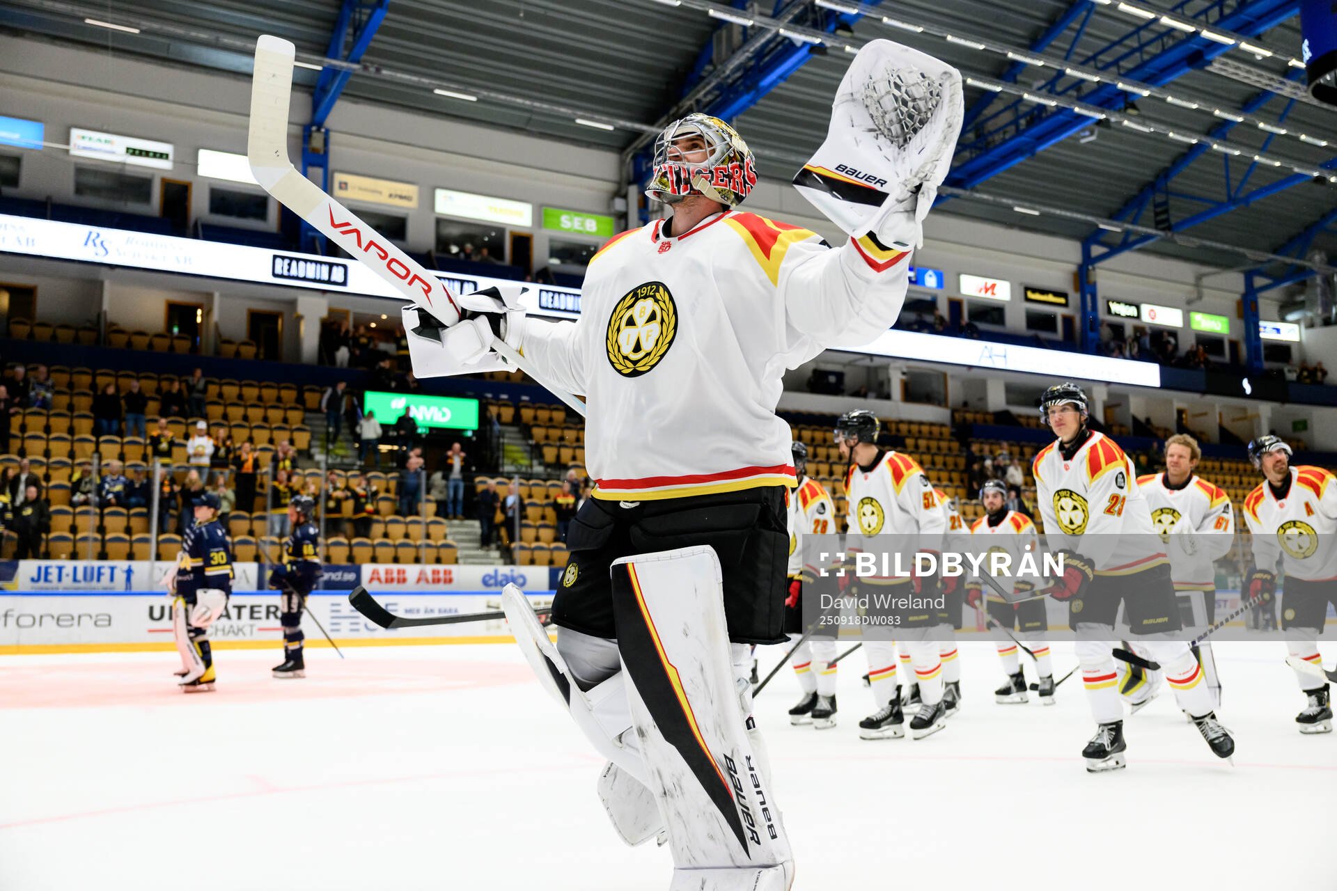Brynäs målvakt Damian Clara jublar