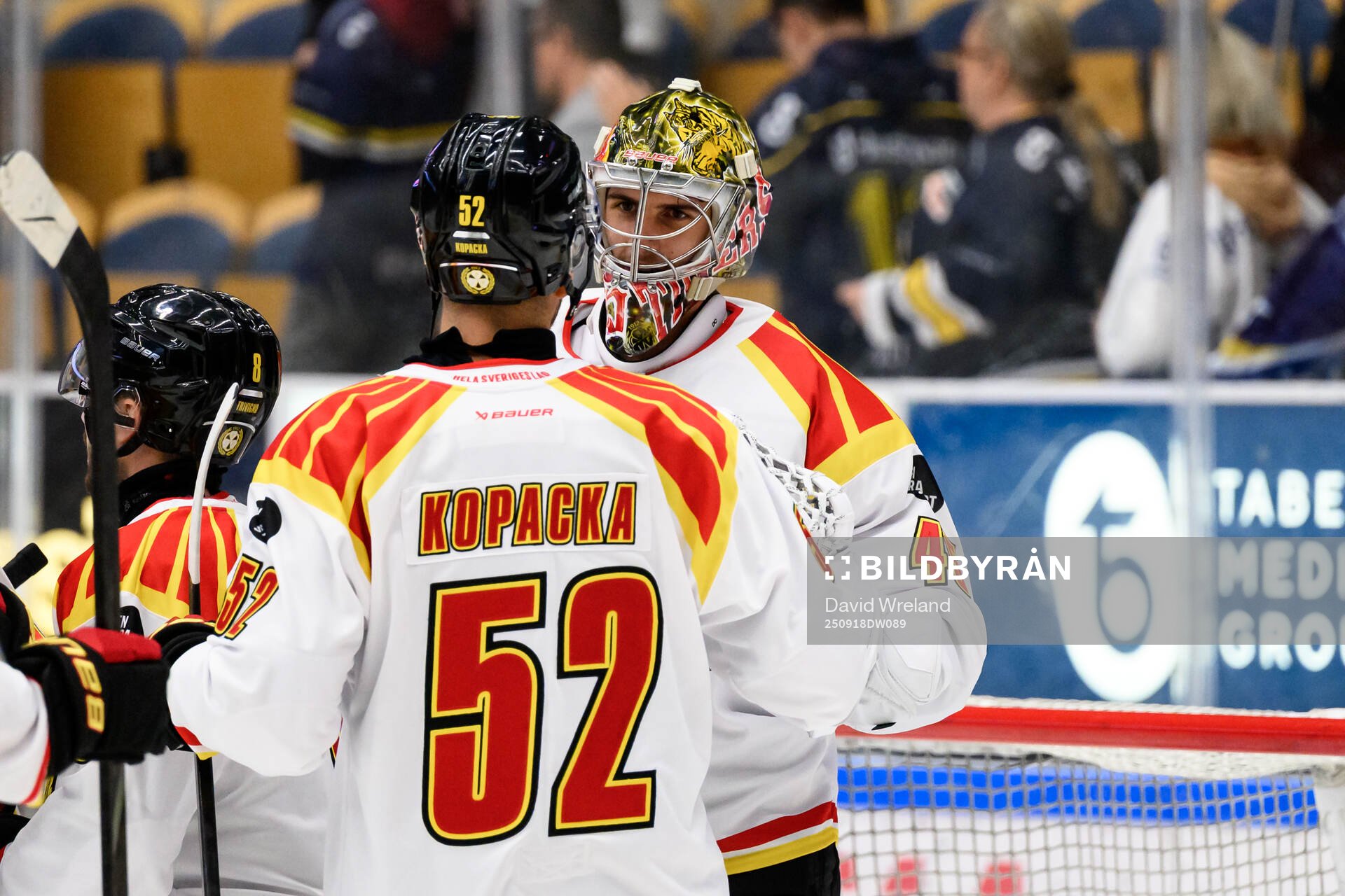 Brynäs Jack Kopacka och Brynäs målvakt Damian Clara