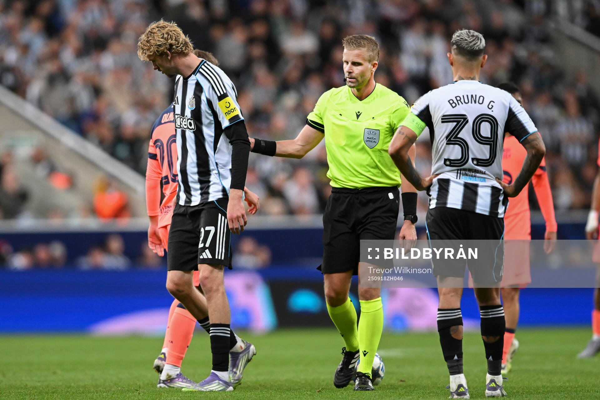Referee Glenn Nyberg and Nick Woltemade, Bruno Guimarães