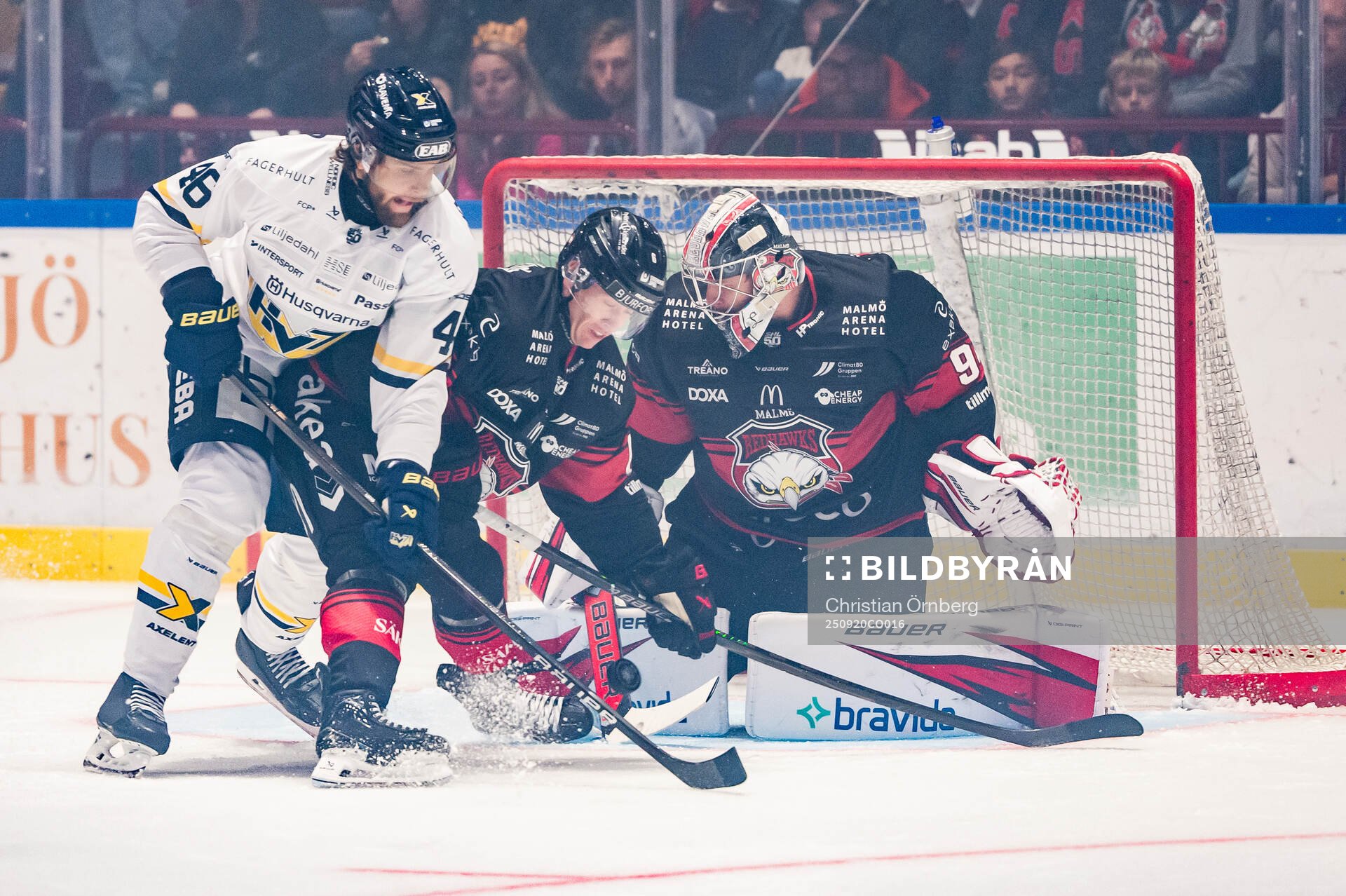 HV71s Joona Luoto samt Malmö Redhawks Eemil Viro och Marek