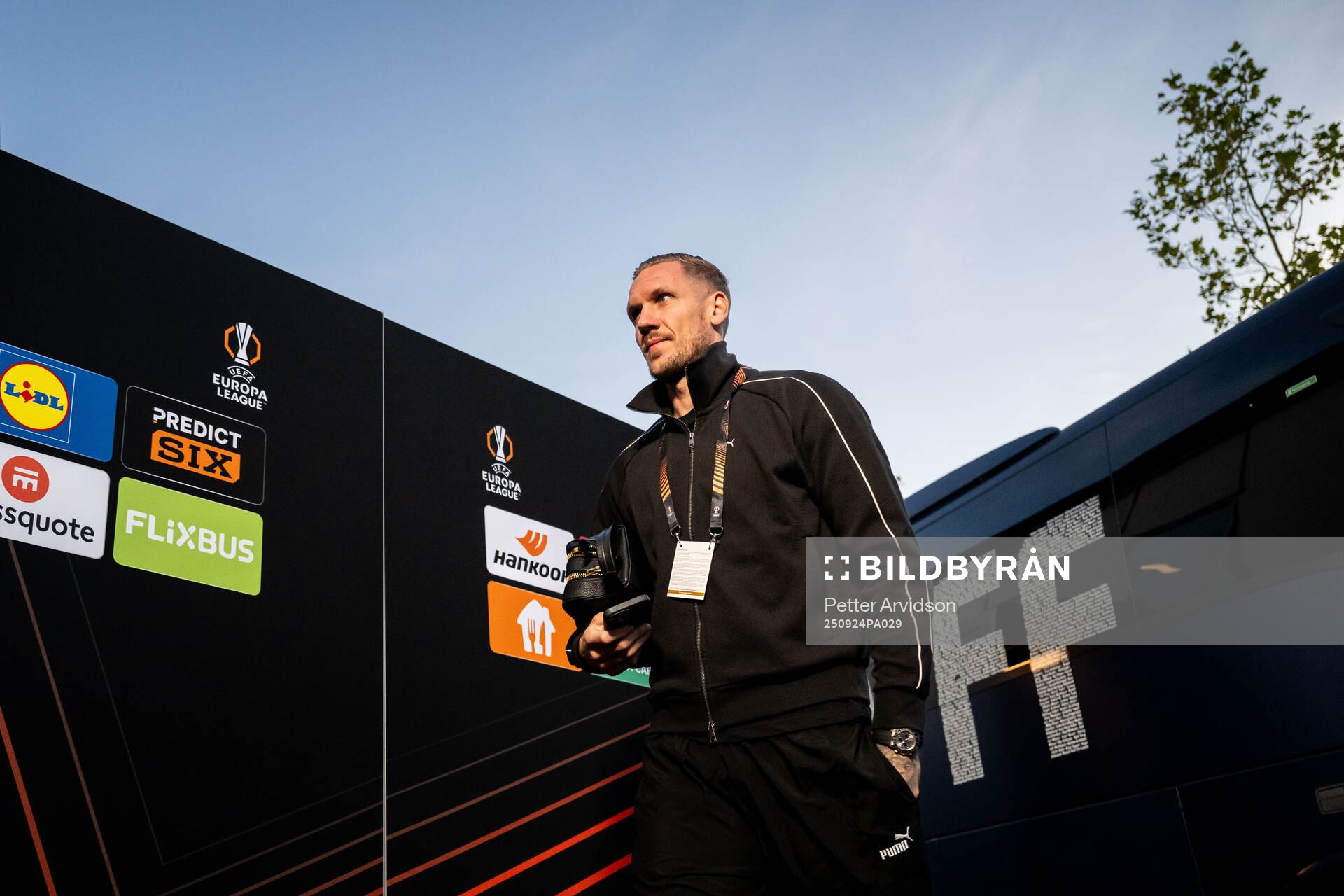 Malmö FFs goalkeeper Robin Olsen arrives at the stadium