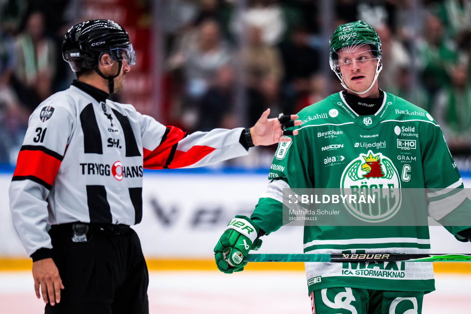 Domare Mattias Enroth och Rögles Anton Bengtsson