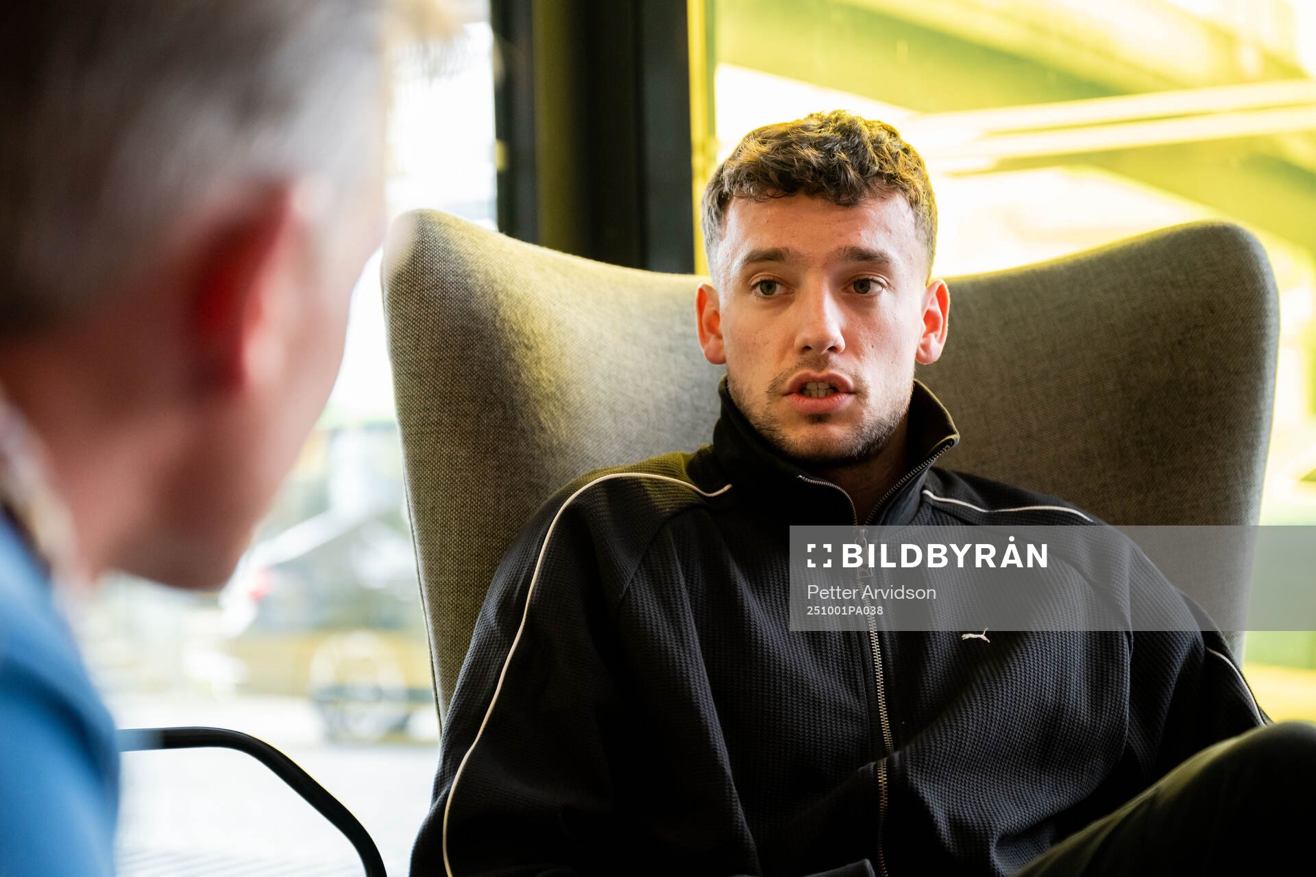 Colin Rösler of Malmö FF is being interviewed at a press