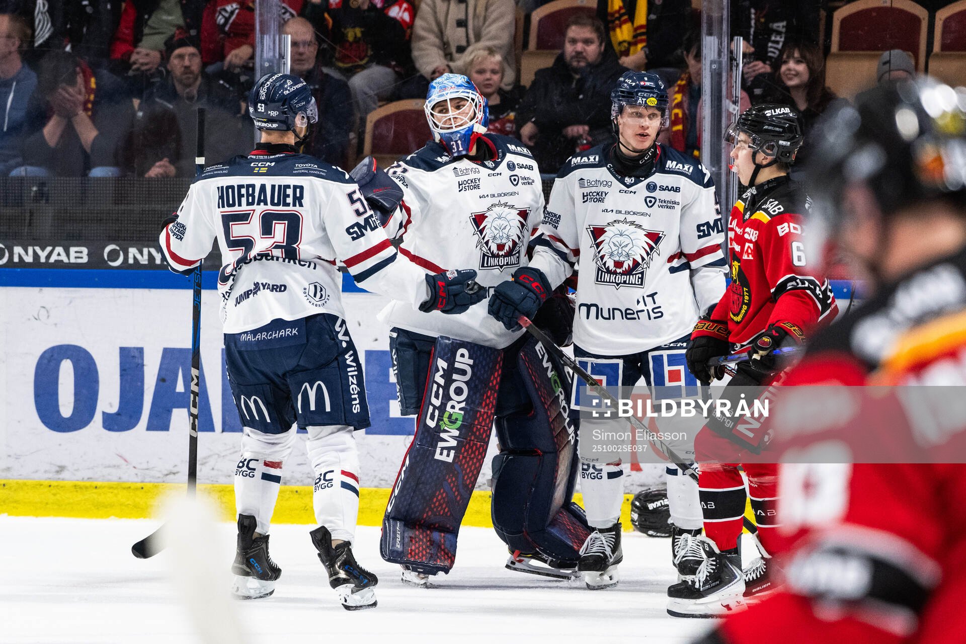Linköpings Adam Hofbauer, målvakt Jesper Myrenberg och